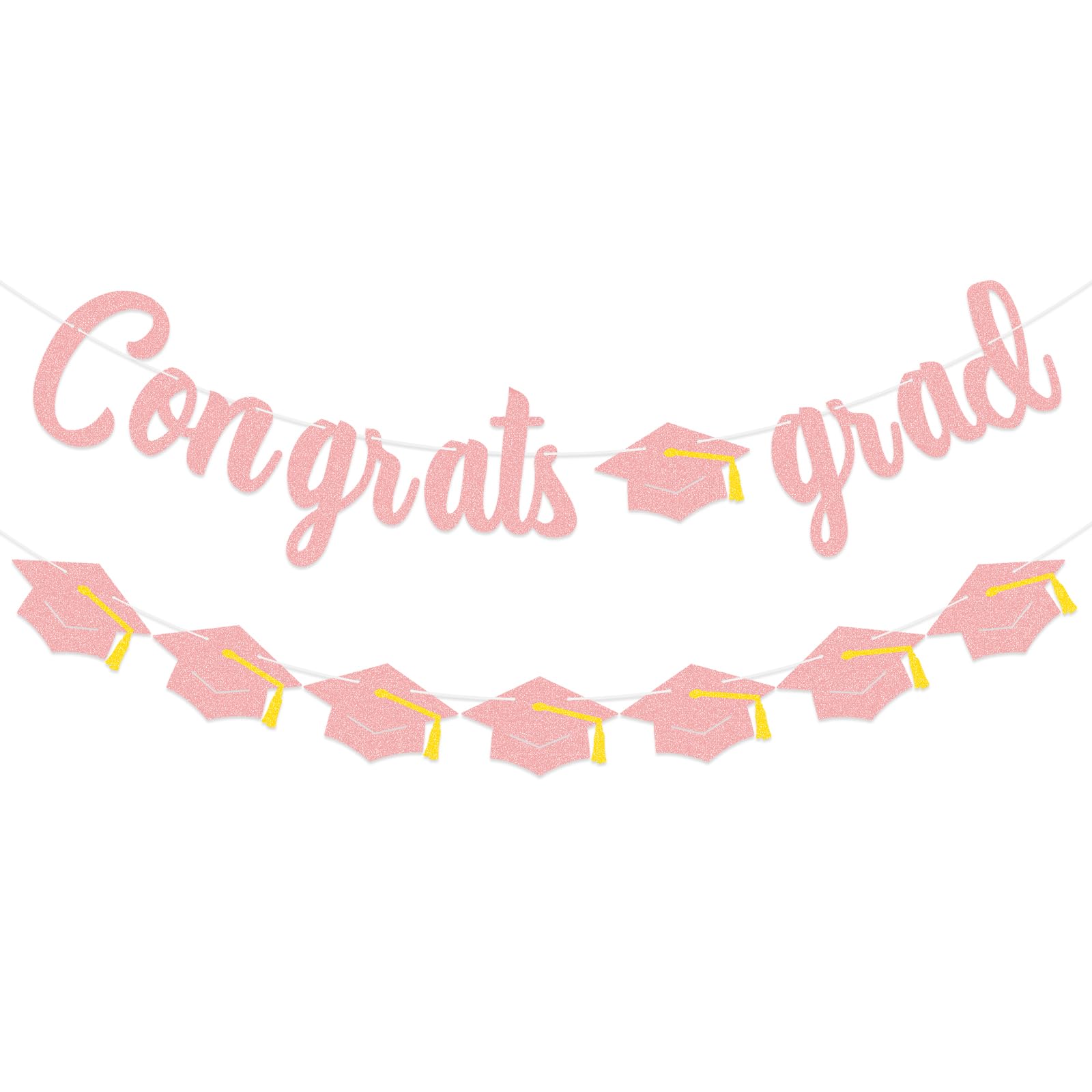 Graduation Banner Decorations – Pink Glitter Congrats Grad Banner with Graduation Cap Garland, Class of 2026 Graduation Party Supplies for High School and College Grad Party