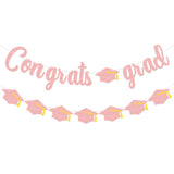 Graduation Banner Decorations – Pink Glitter Congrats Grad Banner with Graduation Cap Garland, Class of 2026 Graduation Party Supplies for High School and College Grad Party