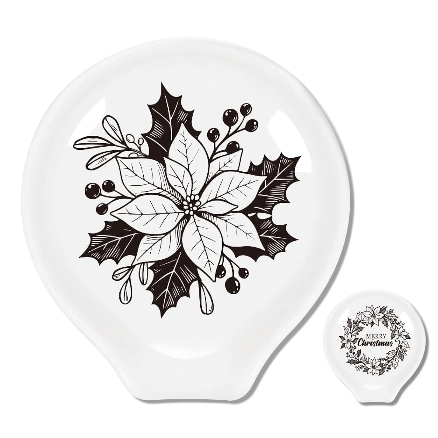 2Pcs Christmas Coffee Ceramic Spoon Rest Poinsettia Wreath Pattern 3.34"X3.54" Cute Spoon Holder, Heat Resistant Utensil Holder For Coffee Bar Decor Women Men, Housewarming Gifts