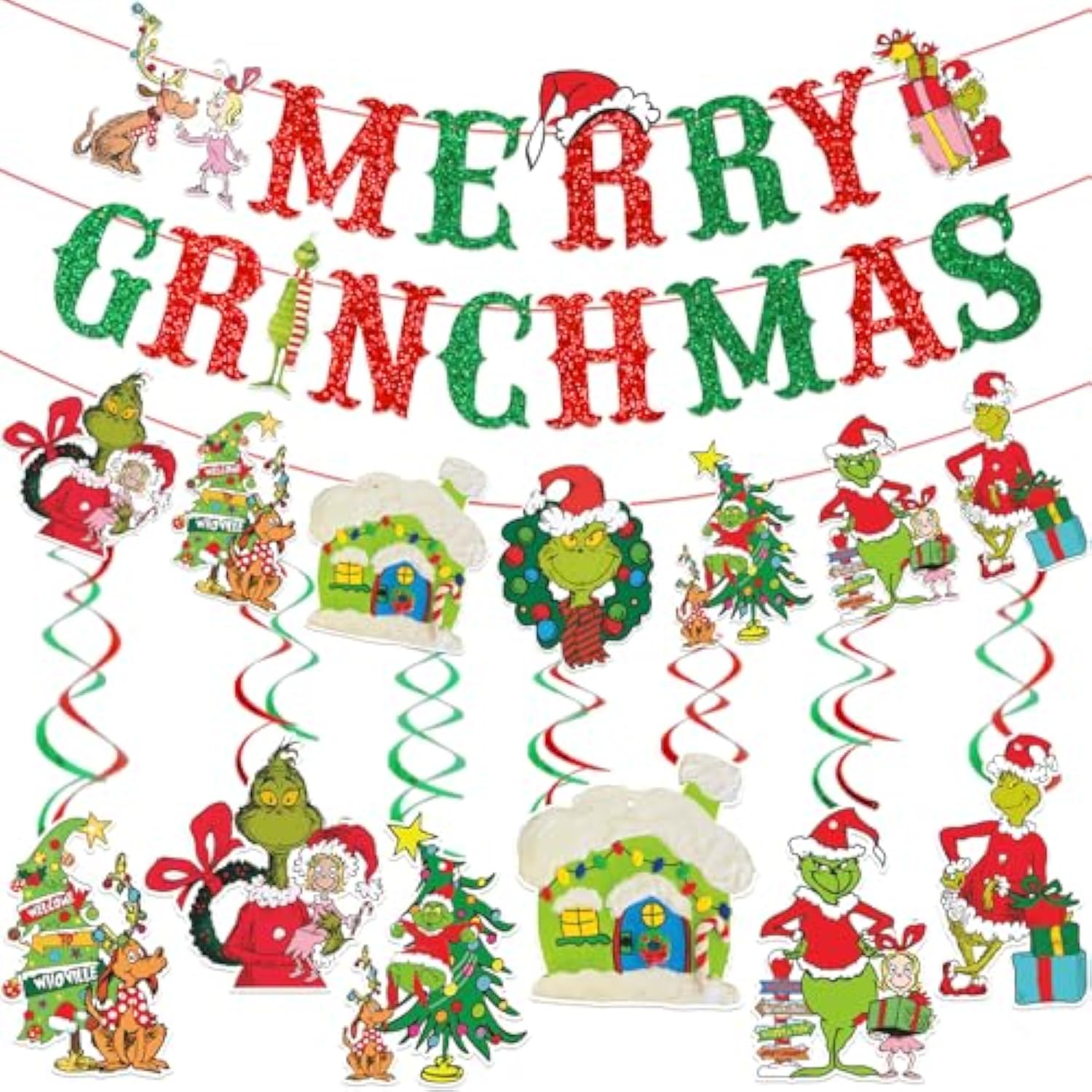 Merry Christmas Banner Cute Red Green Glitter Christmas Banner Sign Whoville Green Elf Winter Holiday Party Decor Fireplace Mantel Photo Props Backdrop