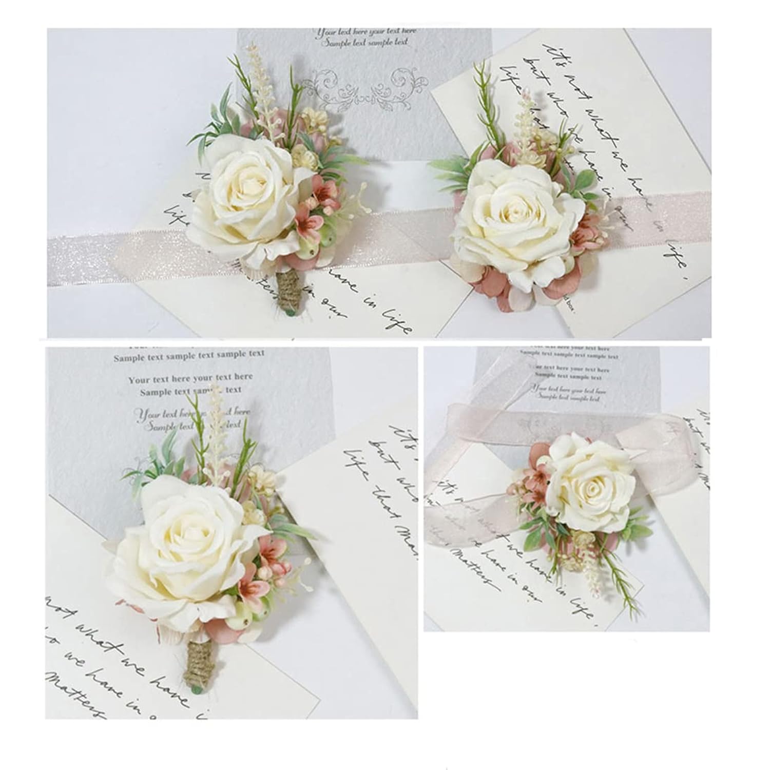 Wrist Corsage And Boutonniere Set Artificial Rose Flowers Accessories For Groom Bride Groomsmen Bridesmaids Wedding Party Prom Suit- Creamy White+Pink 2 Pieces