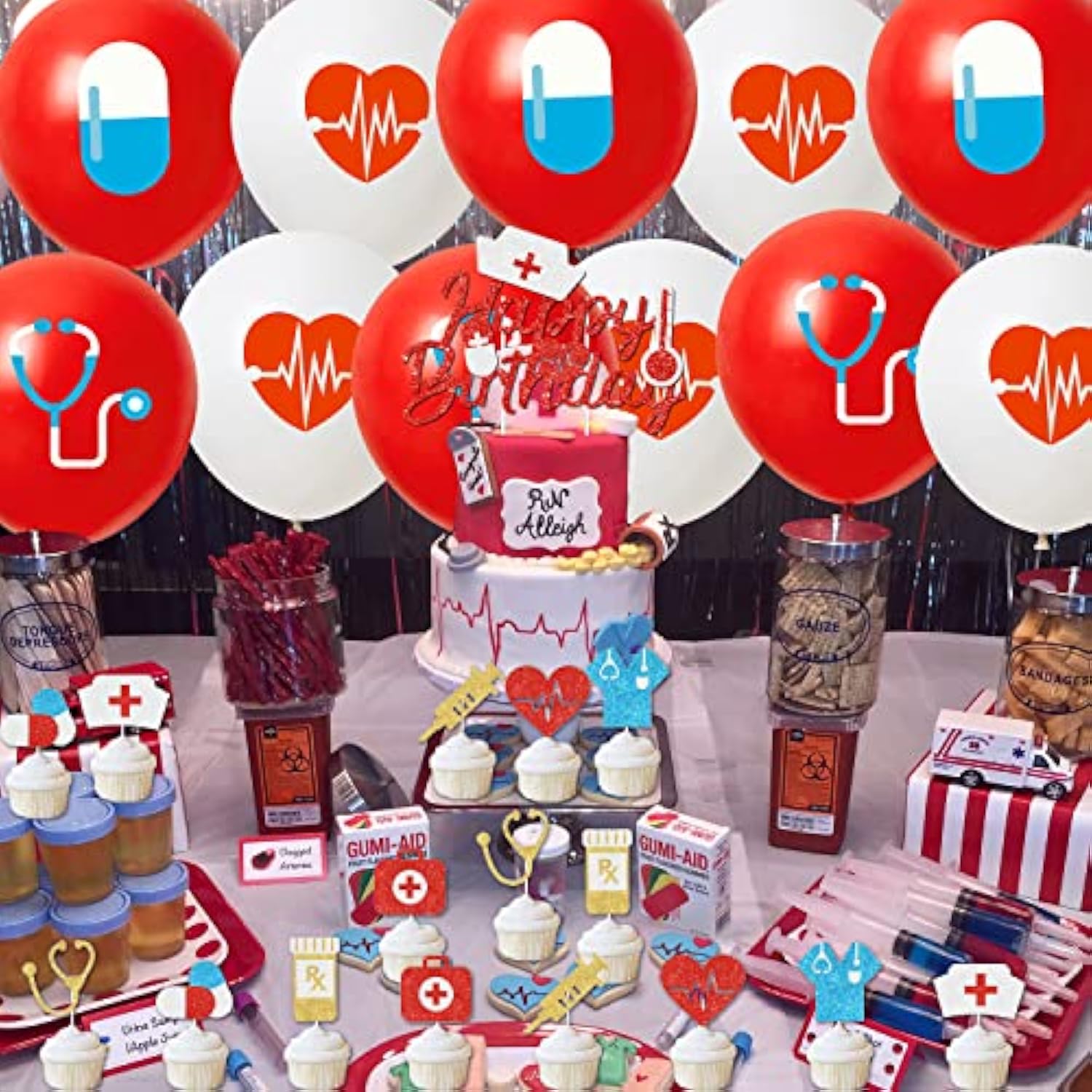 Nurses Theme Birthday Party Decorations, Nurses Week Party Decoration, Red Glitter Banner Cake Topper, Nursing Hat Printed Balloons Set, For Nurse Day Birthday Party Supplies