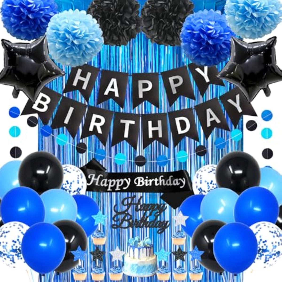 Blue And Black Birthday Decorations, 50Pcs Happy Birthday Decorations For Men With Banner Balloons Sash Foil Fringe Curtain Paper Pompoms, Blue Party Decoration Party Supplies For Boys Kids