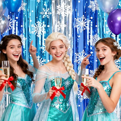 2 Packs Snowflake Foil Fringe Curtain, Blue Silver Ice Glitter Metallic Tinsel Backdrop for Princess Birthday Baby Shower Santa Claus Christmas Winter Wonderland Party Decoration Supplies