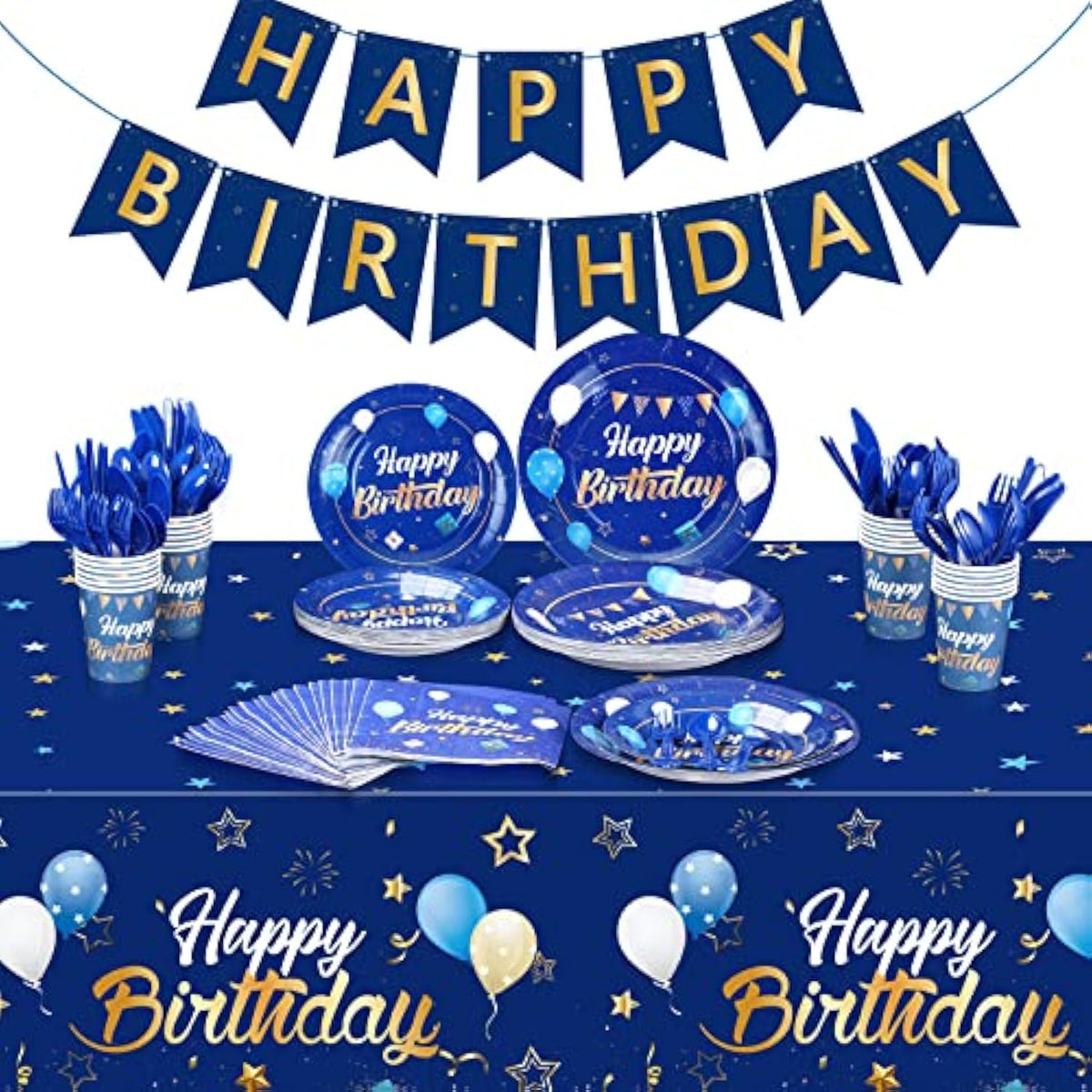 Blue & Gold Birthday Tableware Set – Banner, Tablecloth, Plates, Cups and Napkins for 24