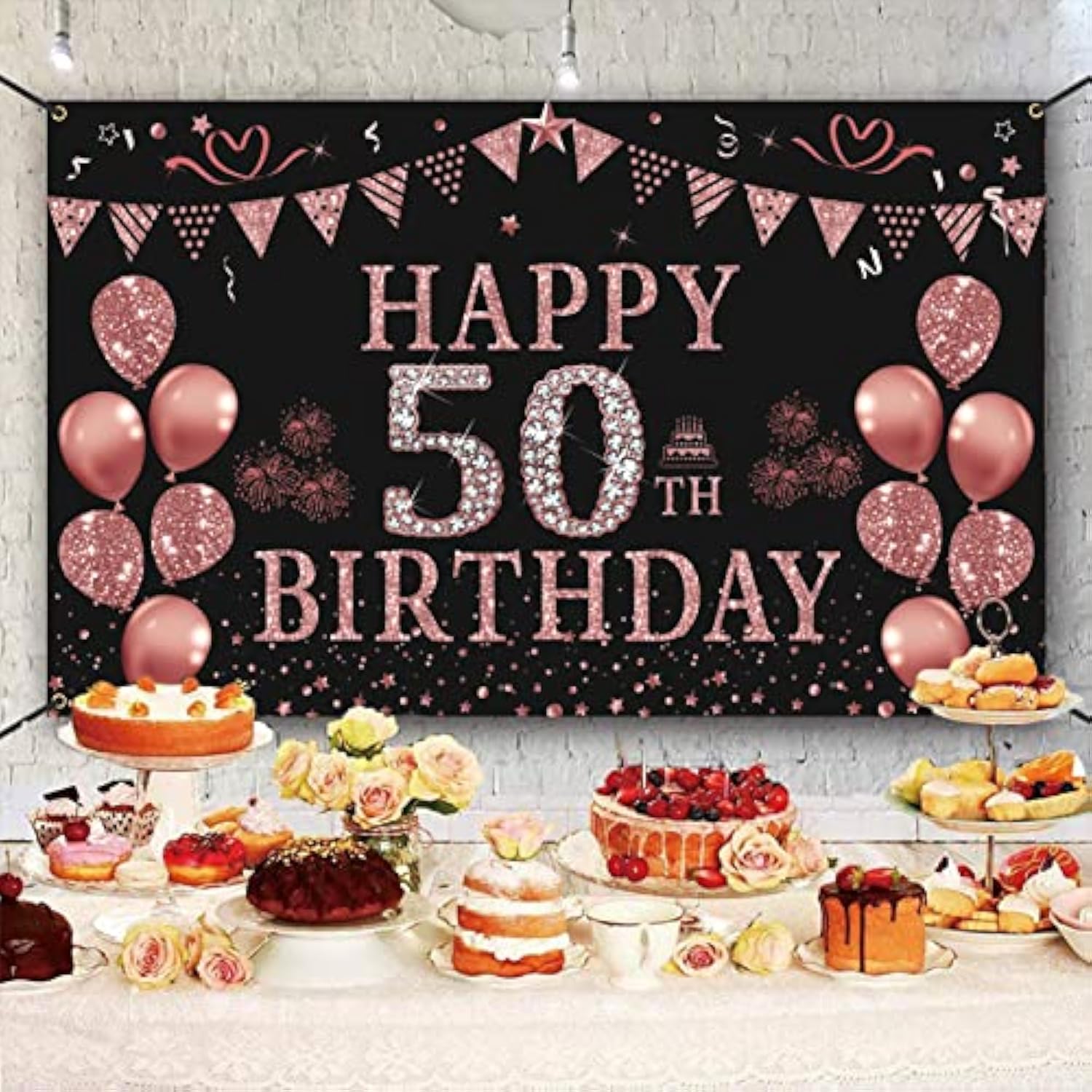 50Th Birthday Decorations For Women - Rose Gold 50Th Birthday Banner Backdrop 50Th Birthday Party Suppiles Photography Supplies Background Happy 50Th Birthday Banner