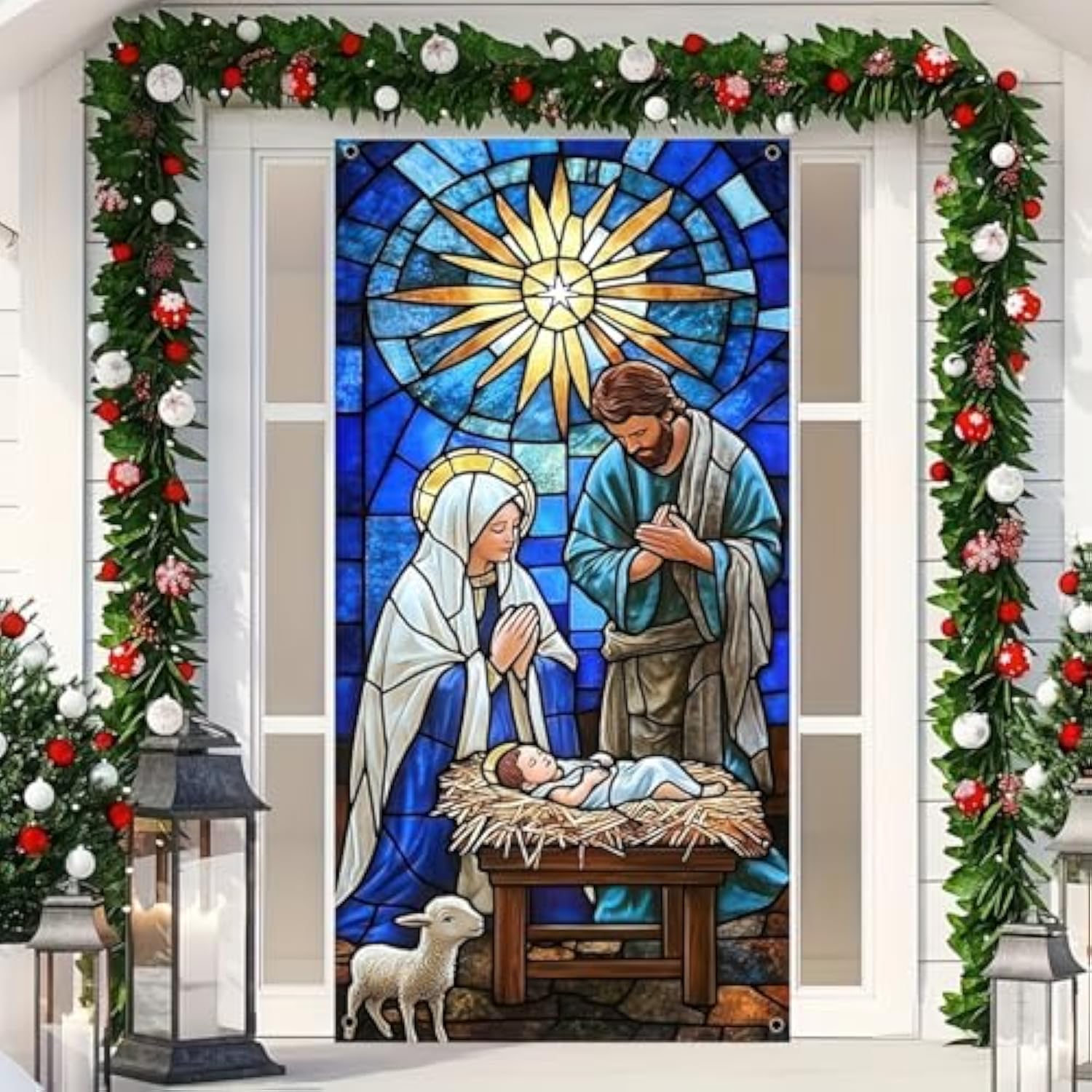 Nativity Scene Christmas Door Cover Hanging Banner Background Religious The Nativity Of Jesus Backdrop Photography Background Front Door Porch Hanging Cover Door Cover Banner 35 X 71 Inch