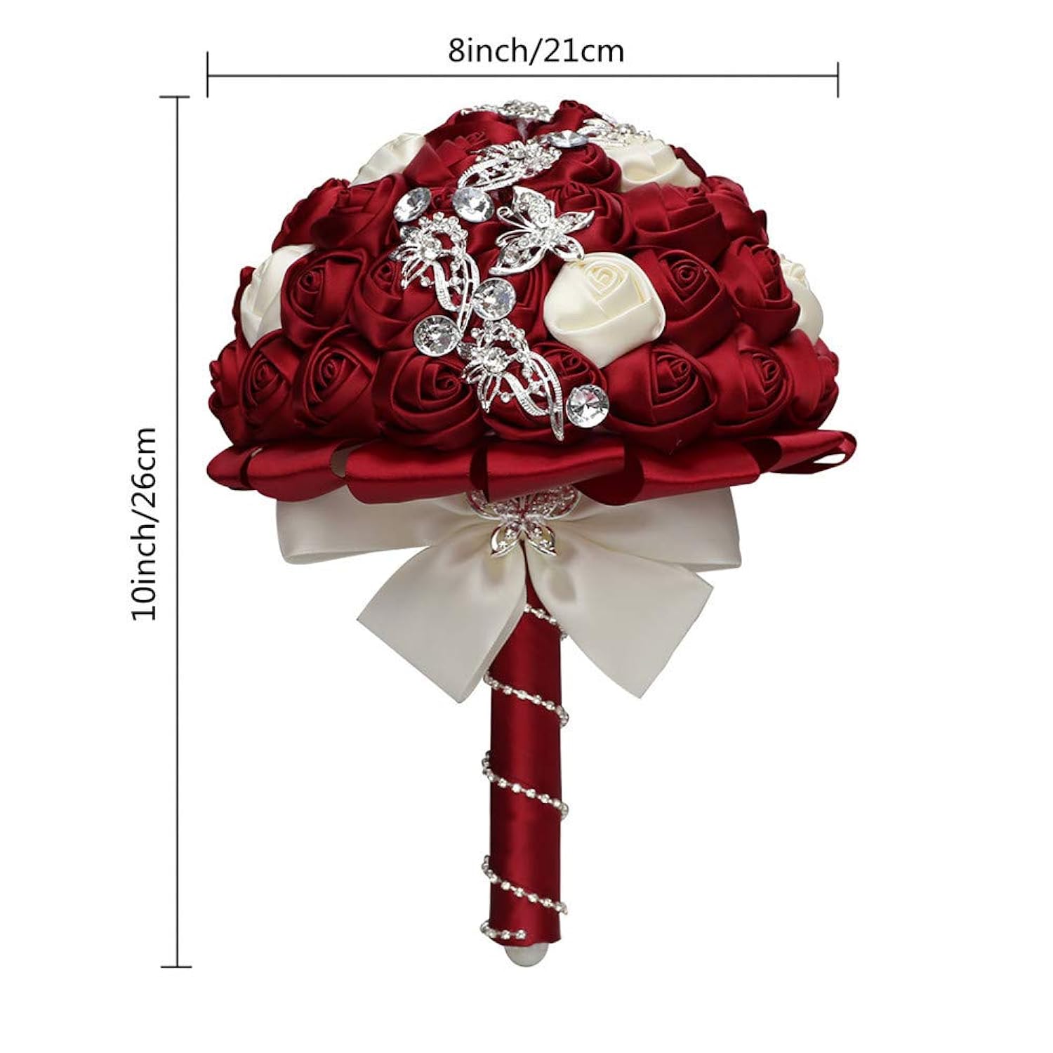 Handmade Rhinestone Wedding Bride Bridesmaid Bridal Bouquet Of Rose Holding Toss Artificial Flowers Bouquets For Bride Wedding Celebration Valentine’S Day Parties Bouquet Decor?Red+Ivory?