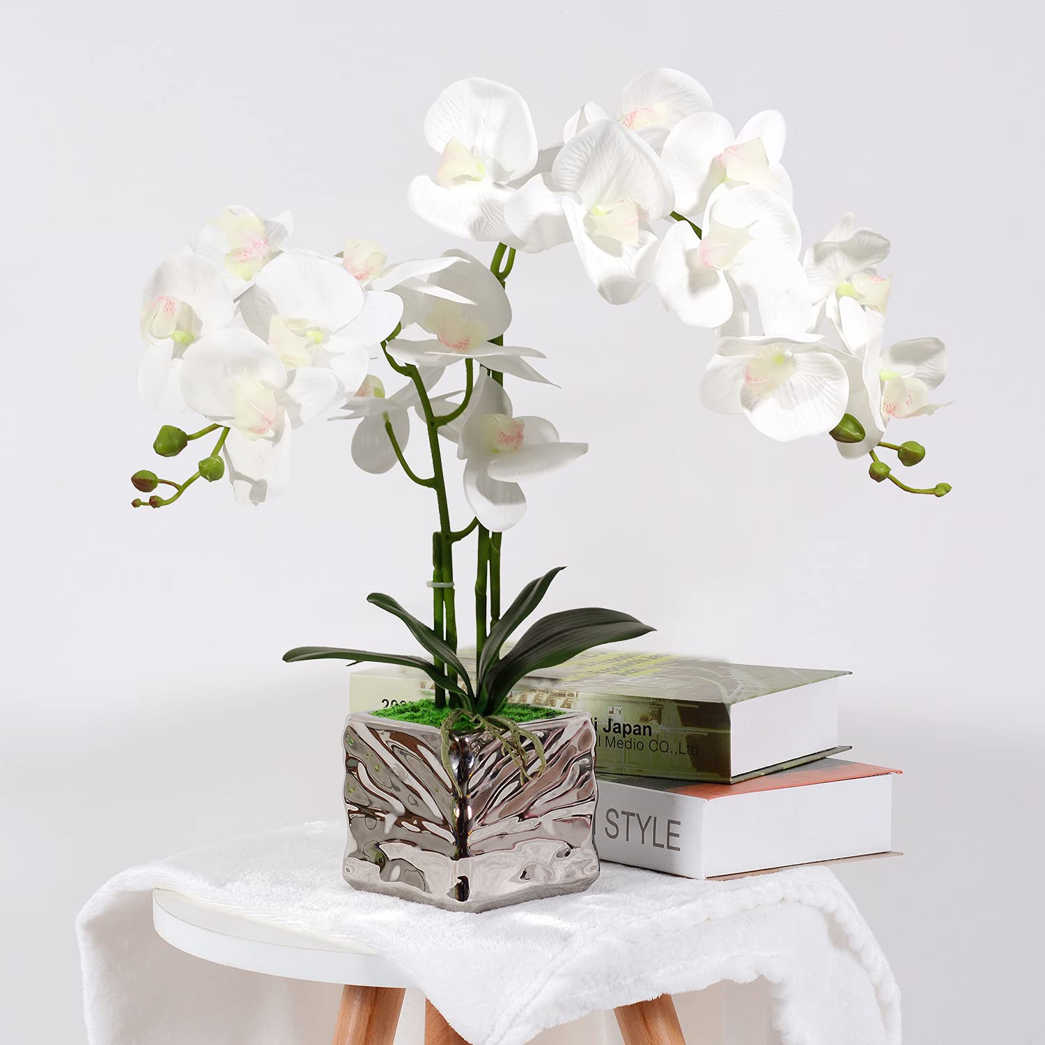 Orchid With Silver Vase Artificial Flowers White Fake Orchid Plant Phalaenopsis Orchid Artificial Arrangements Flower Bonsai With Silver Ceramic Pot For Party Home Decor Table Centerpieces