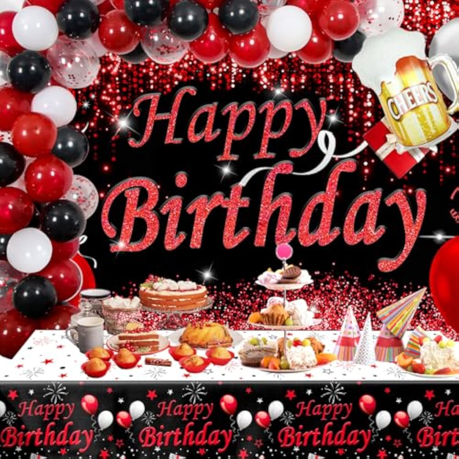 Red And Black Party Decorations, Happy Birthday Decorations For Men Women With Photography Backdrop & Tablecloth Balloons Arch Kit Banner Birthday Party Supplies Bday Decor With Table Cover