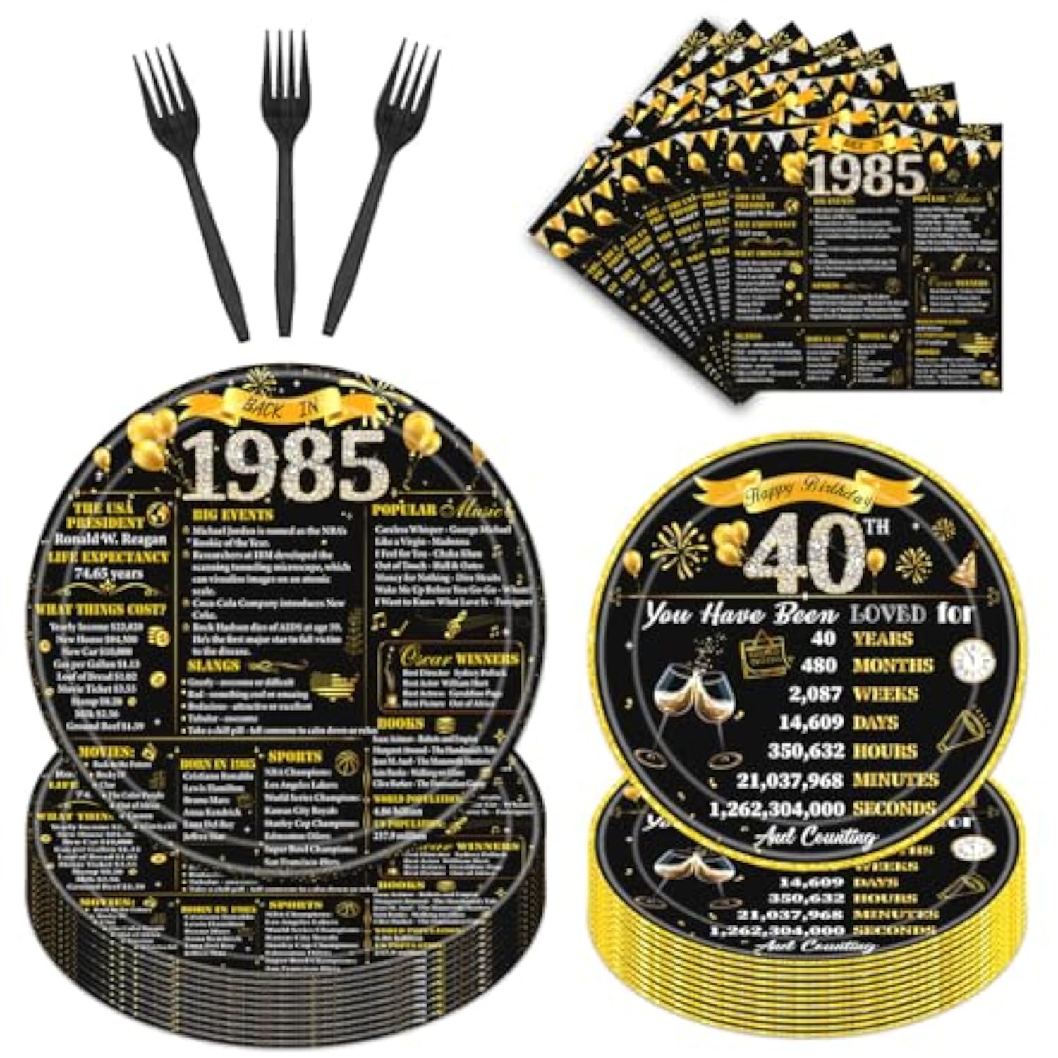 40Th Birthday Decorations For Men Women, 96Pcs Back In 1985 Birthday Party Plates And Napkins Forks Supplies, Black Gold Aged To Perfection Birhday Disposable Party Tableware Decor (24 Guests)