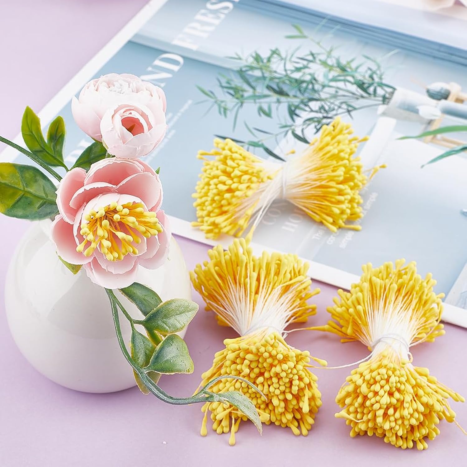 1600Pcs 2Mm Yellow Pearl Double Heads Handmade Flower Stamen Flower Stamens Pistil Artificial Pearlized Floral Pollens Stamen For Christmas Wedding Flower Making Scrapbook Decoration