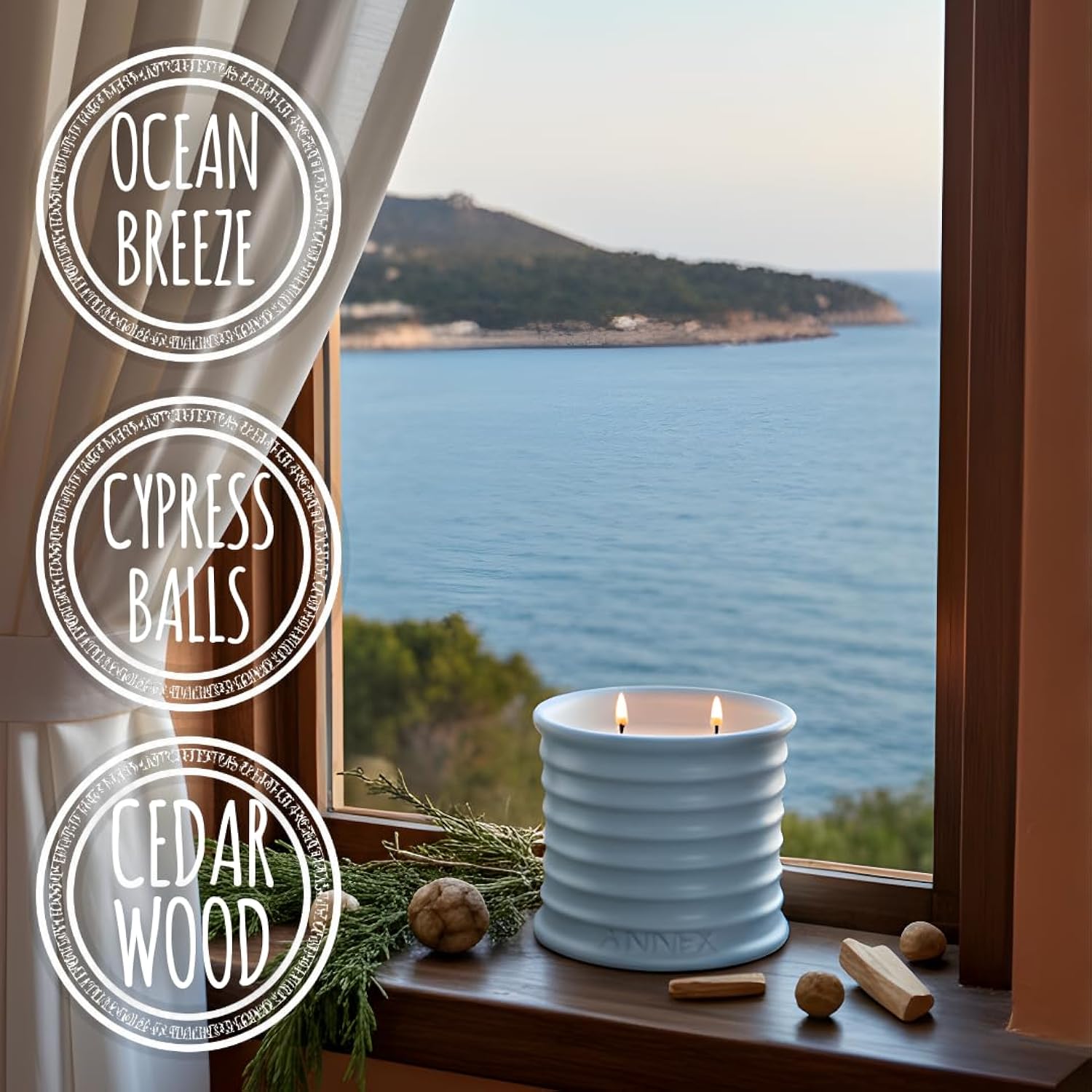 Sea Breeze And Cypress Balls Luxury Scented Candle - 8Oz Handmade Blue Ceramic Jar Candle, 50Hr Clean Burn, 100% Non Toxic Soy Wax, Aesthetic Home Decor Gift For Men And Women - Sandalwood & Oud