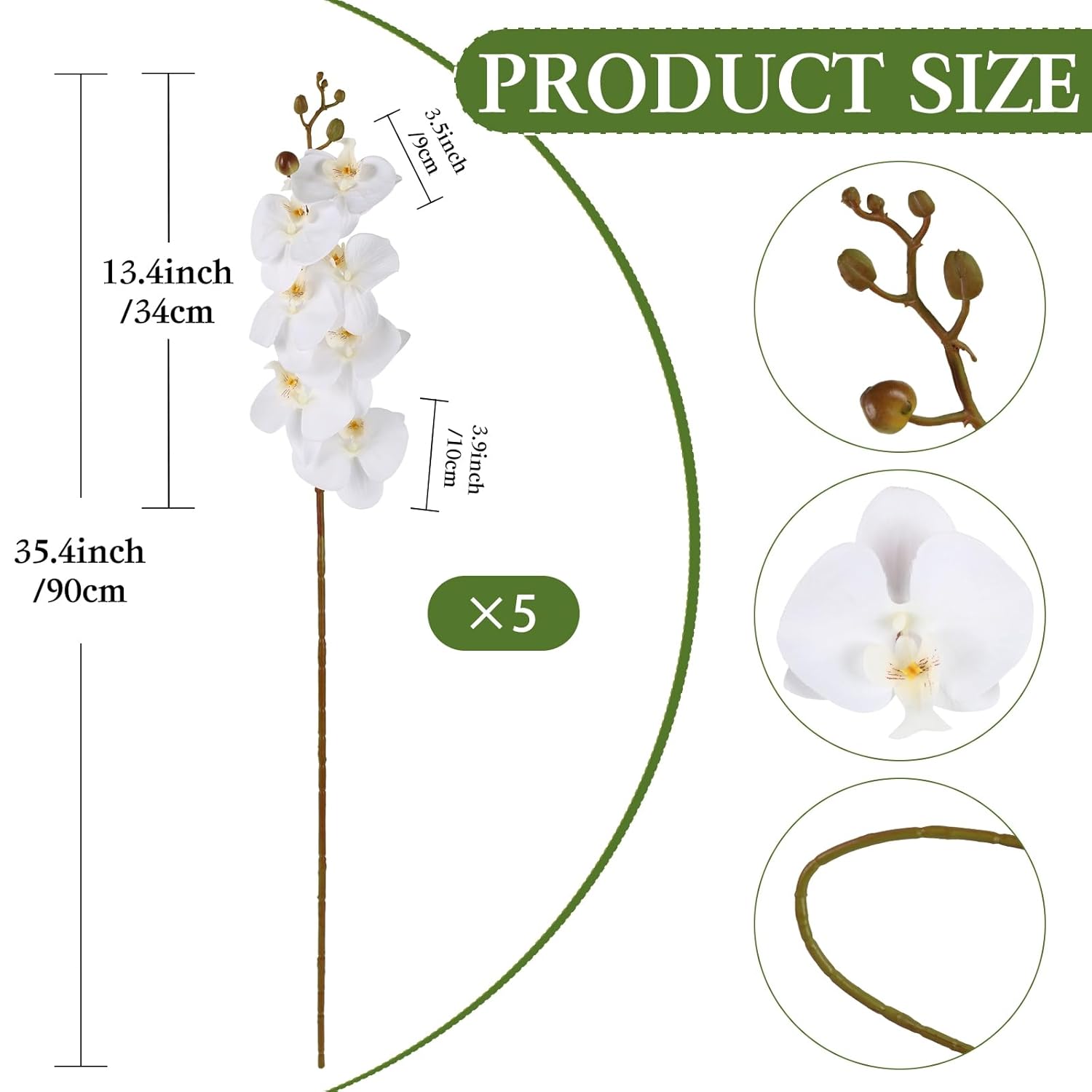 White Orchids Artificial Flowers 5Pcs Fake Orchid 35.4" Long Stem Faux White Flowers Silk Orchids That Look Real For Bridal Shower Home Party Wedding Decoration