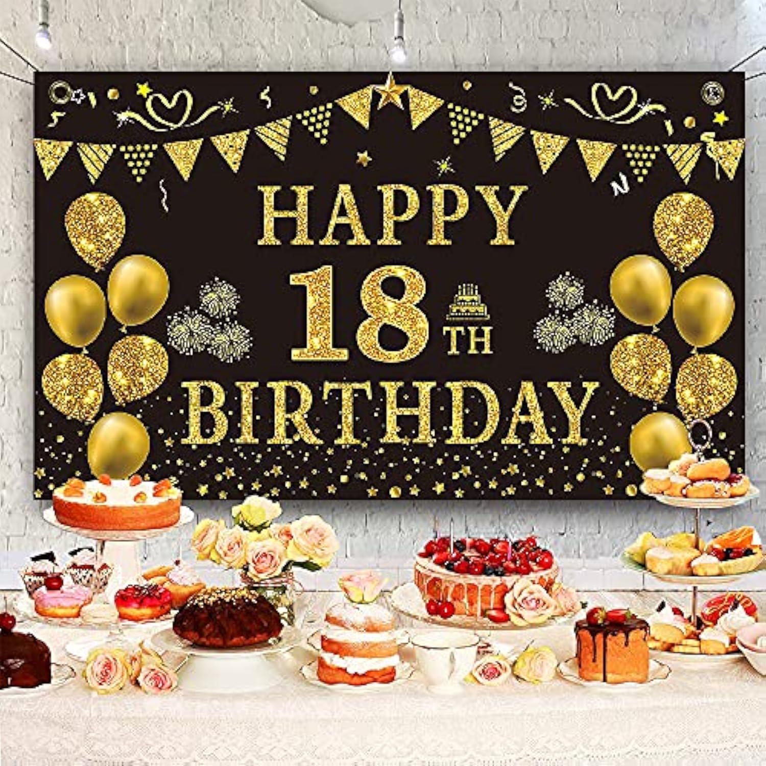 18Th Birthday Decorations For Men - Black Gold Backdrop Banner 5.9 X 3.6 Fts Happy Birthday Photography Supplies Background Party Decorations For Boys