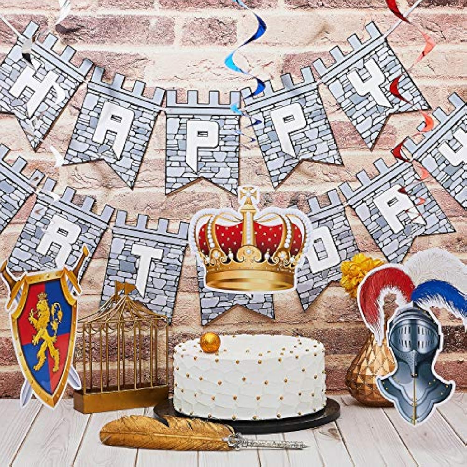 25 Pieces Medieval Birthday Banner Castle Party Supplies Knight Birthday Decorations Medieval Whirls Hanging Decorations Stone Wall Shield Armour Shield For Party Supplies