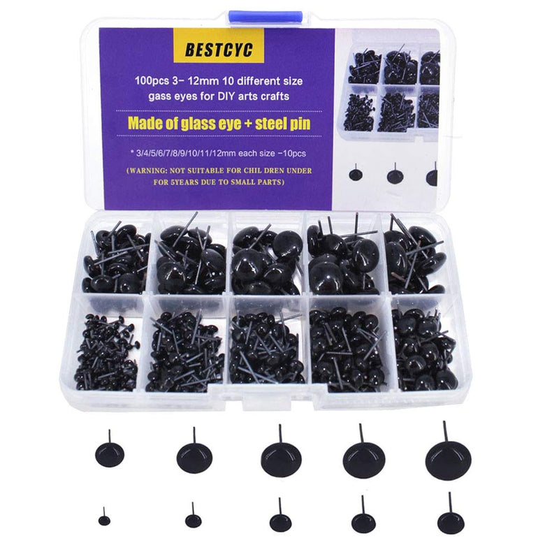 1Box(100Pcs) 3-12Mm 10 Different Size Mini Black Glass Eyes Needle Felting Bea