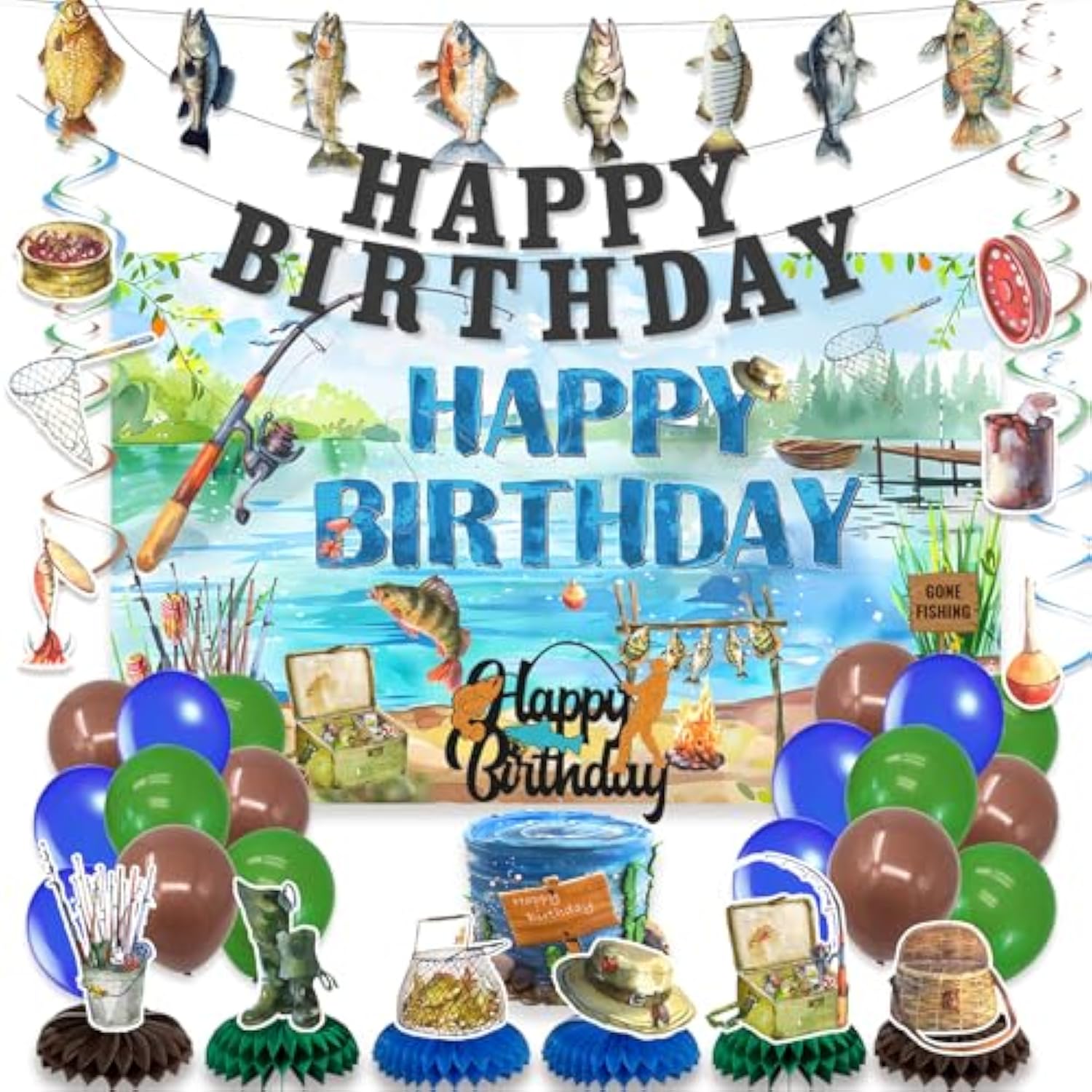 Fishing Birthday Decorations - 34Pcs Balloons, Banners, Centerpieces, Cake Topper Kit, Angler Party Decor