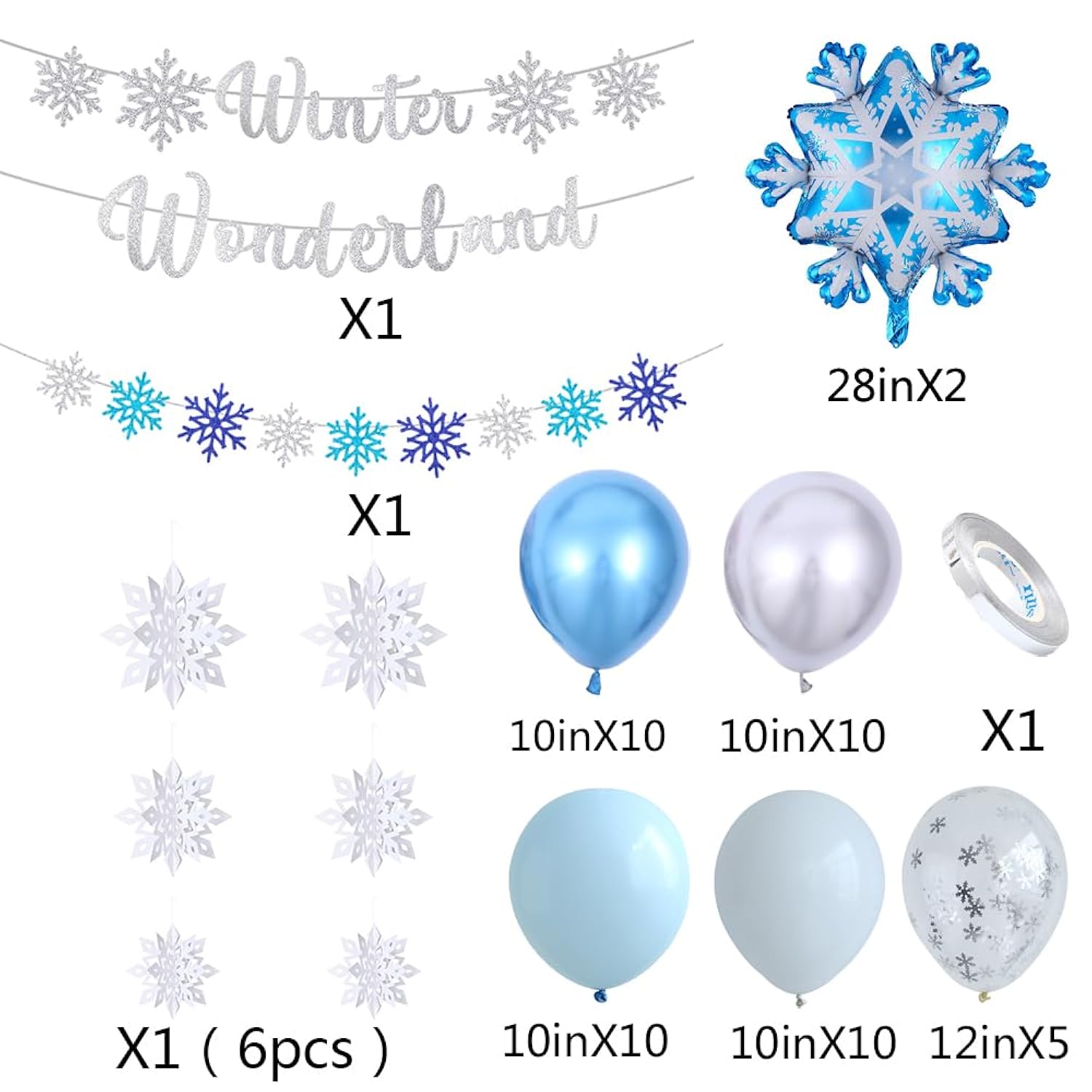 Winter Wonderland Party Decorations 56Pcs Blue White Silver Snowflake Balloons,Banner,3D Paper Hanging Snowflakes Garland For Christmas Winter Onederland 1St Birthday Party New Year Decoration