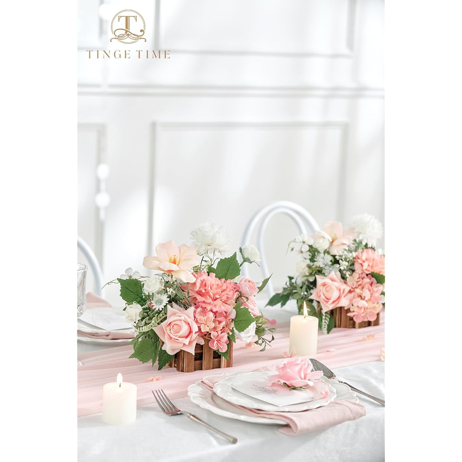 Wedding Centerpiece Flower With Basket, Set Of 2 Large Artificial Flowers Floral Arrangement For Tabletop Mantel Archway Aisle (Peachpink&White)