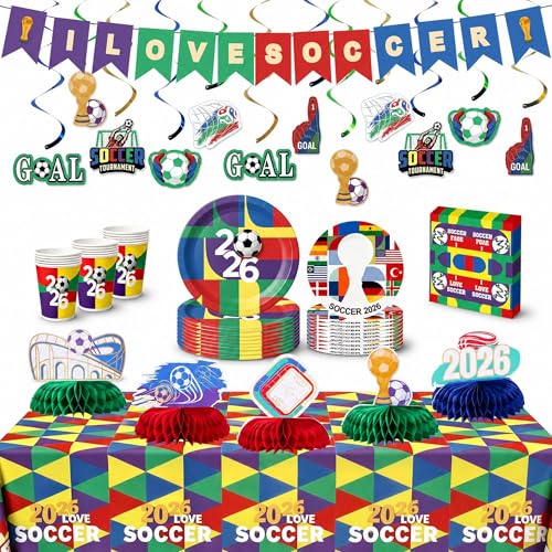 Soccer Theme Party Supplies Set, Soccer Birthday Party Decorations Kit with Plates, Cups, Napkins, Tablecloth, Banner, Hanging Swirls and Honeycomb Centerpieces for Game Day Party