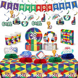 Soccer Theme Party Supplies Set, Soccer Birthday Party Decorations Kit with Plates, Cups, Napkins, Tablecloth, Banner, Hanging Swirls and Honeycomb Centerpieces for Game Day Party