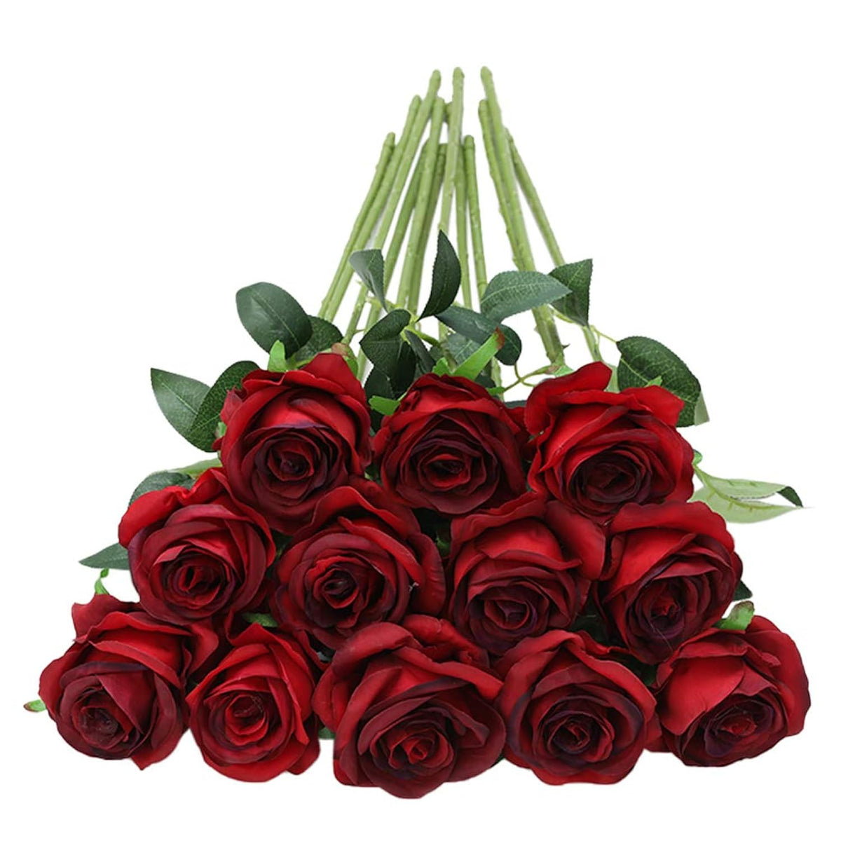 12Pcs Red Roses Artificial Flowers,Realistic Long Stem Fake Silk Roses Bouquet For Party Home Wedding Centerpiece Office Diy Decor?Burgundy?
