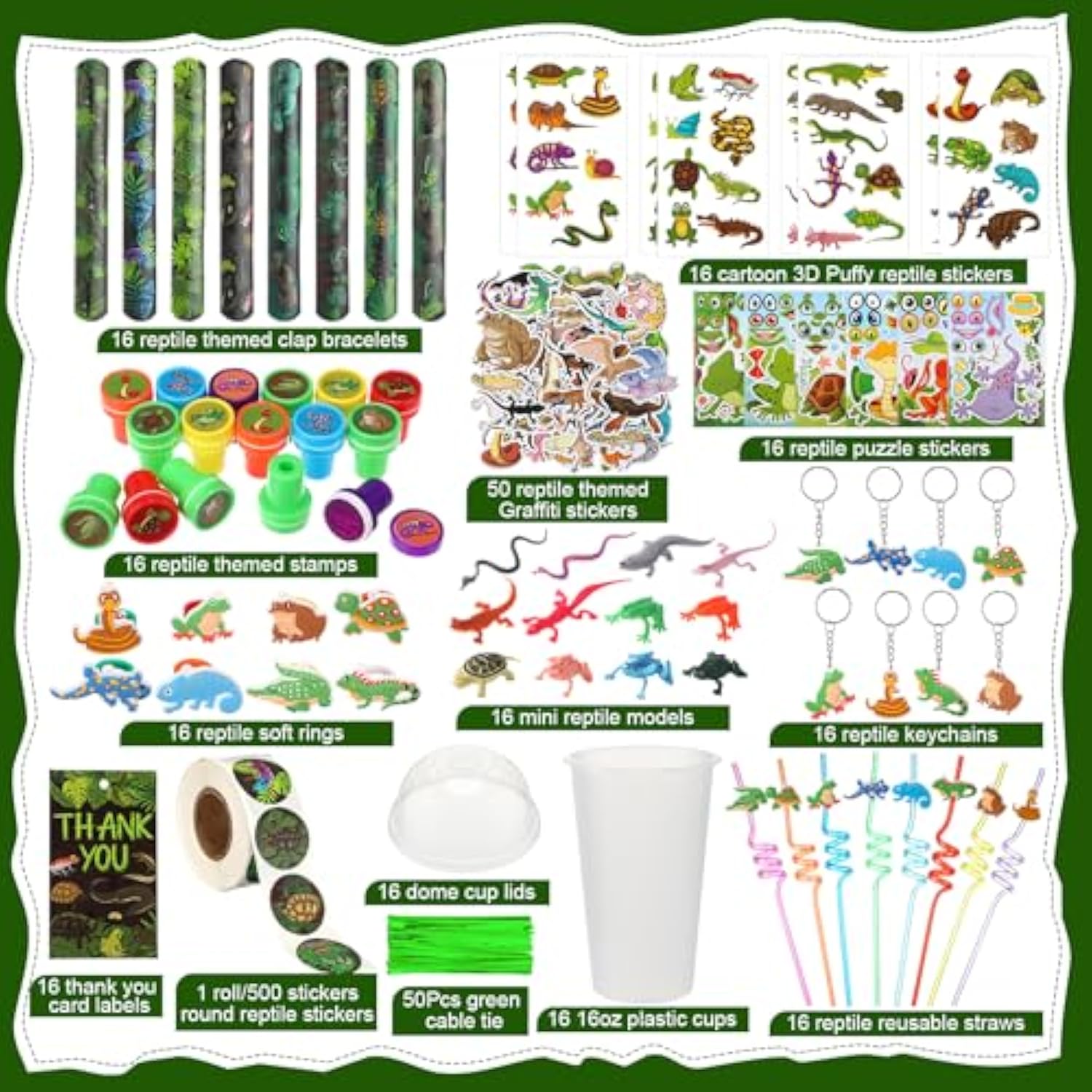 212 Pcs Reptiles Party Favors Set Include Cup Straw Stamp Clap Bracelet Keychain Ring Puzzle Sticker Animal Miniature Card For Birthday Summer Outdoor Party Baby Shower Goody Bag Stuffer