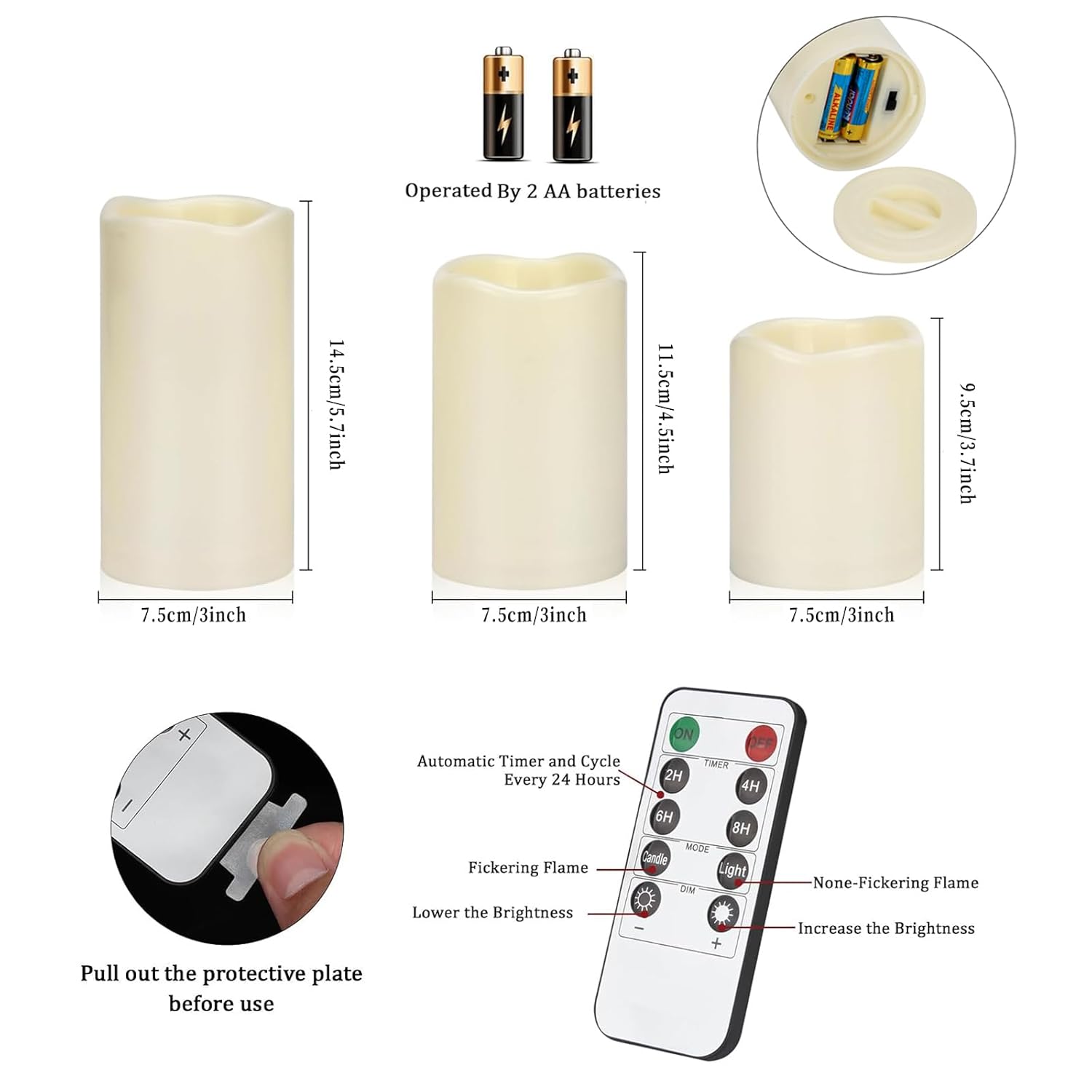 Flameless Candles 4" 5" 6" Set Of 3 Ivory Outdoor Indoor Pillars 3" Diameter Battery Operated Flickering Candles Include 10-Key Remote Timer Function 400+ Hours Requires 2 Aa Batteries