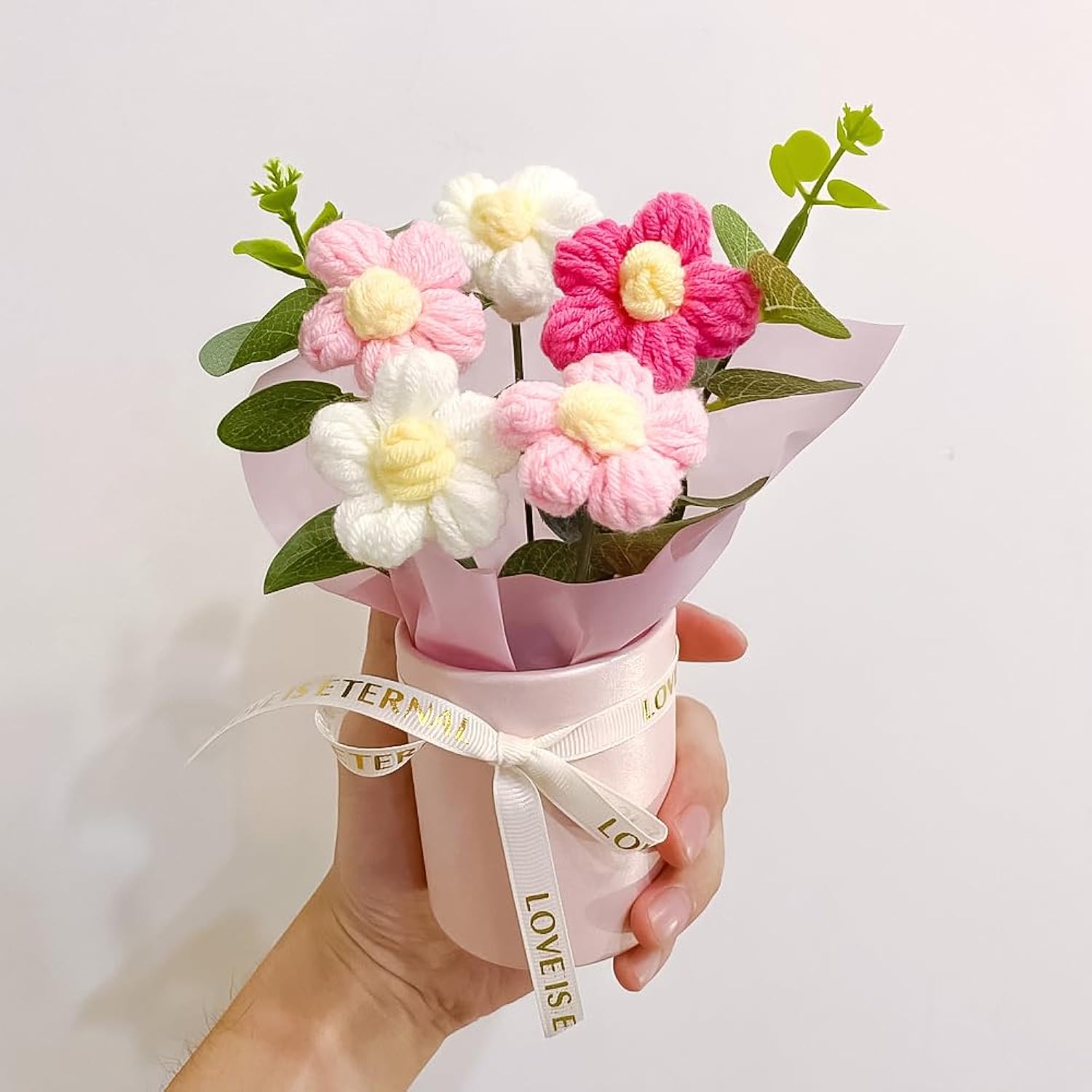 Crochet Flower Bouquet: Handmade Knitted Bouquet For Mother'S Day Birthday Home Decor Girlfriend Wedding Grandma Bday Gift(Pink)