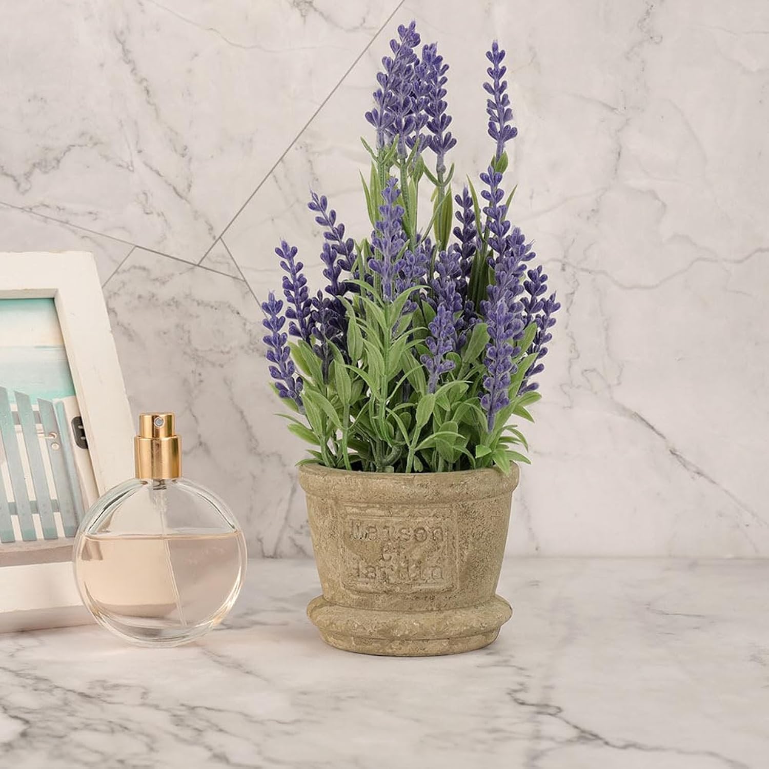 Faux Lavender Potted Plant - Realistic Simulated Bonsai Lavender Indoor Artificial Flowers For Home Office Wedding Table Centerpiece Small Decorative Plant 3.15X8.66X3.15 Inches