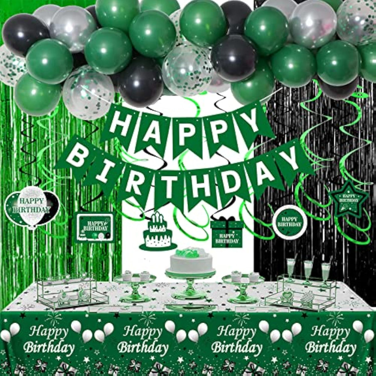 Green And Black Party Decorations For Men Women Boys Girls - Birthday Supplies With Happy Birthday Banner, Tablecloth, Fringe Curtains, Streamers, Confetti, Balloons