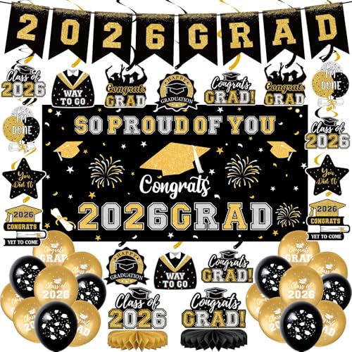 59Pcs Graduation Decorations 2026 Backdrop Balloons Banner Centerpiece Hanging Swirls Grad Class of 2026 Decorations for kindergarten K-12th College Any Grade Black Gold Themed