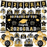 59Pcs Graduation Decorations 2026 Backdrop Balloons Banner Centerpiece Hanging Swirls Grad Class of 2026 Decorations for kindergarten K-12th College Any Grade Black Gold Themed