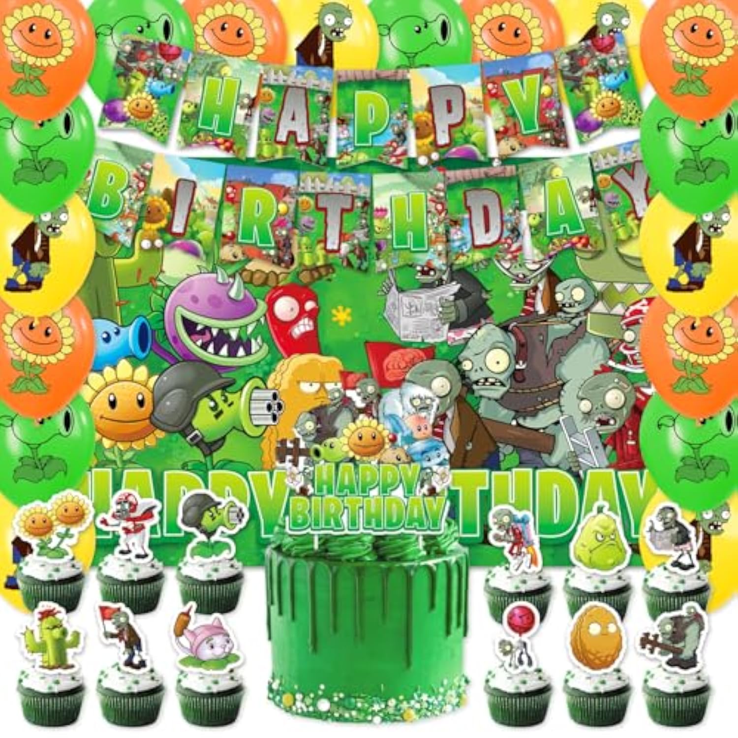 42Pcs Plants Zombies Party Supplies Pack Includes?Banner?Cake Topper?Blackdrop,Balloons For Plants Zombies Party Decoration