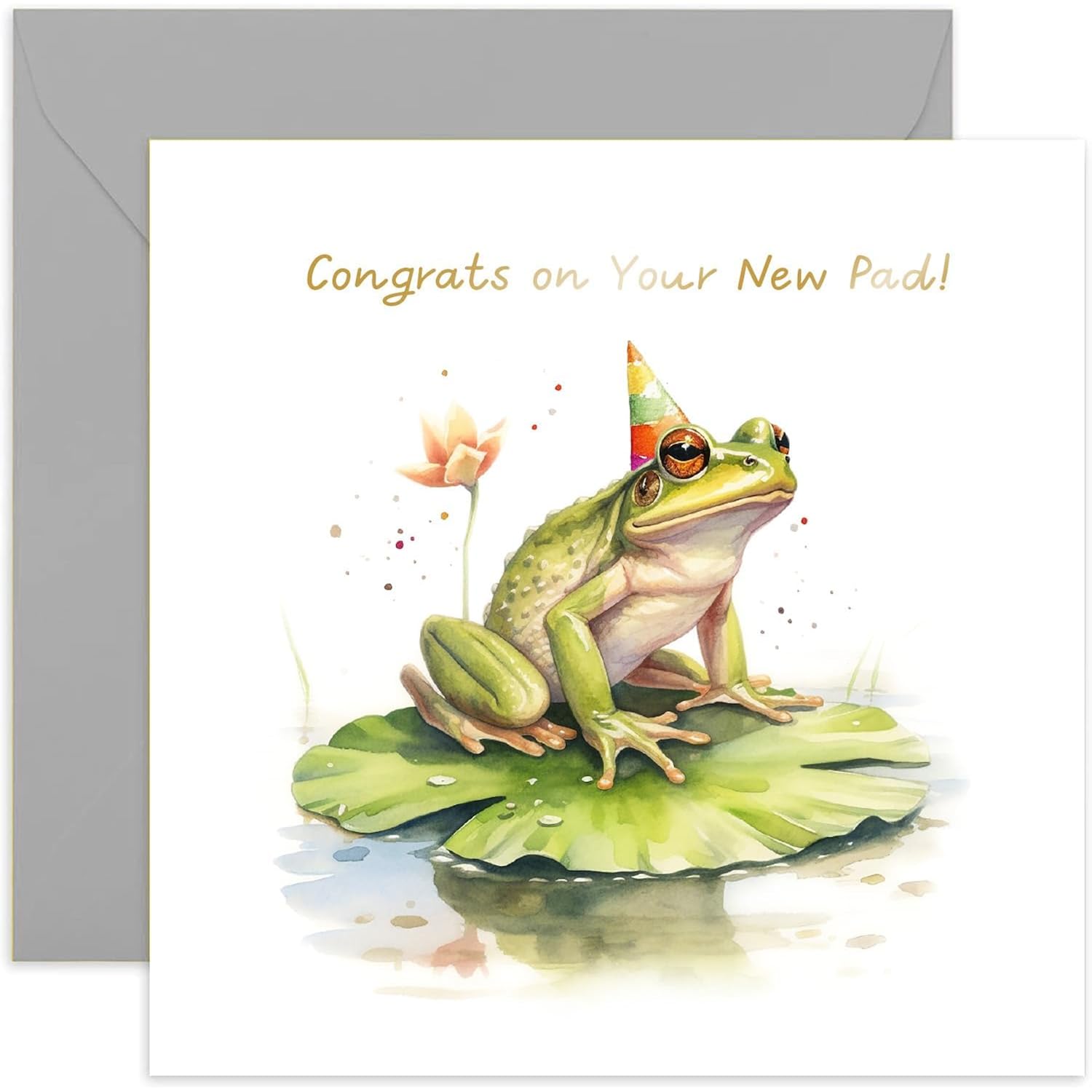 Old English Co. Fun Frog New Home Card - Congratulations 'New Pad' Funny Frog Housewarming Card For Couple - Frog New House Card For Him Or Her | Blank Inside With Envelope
