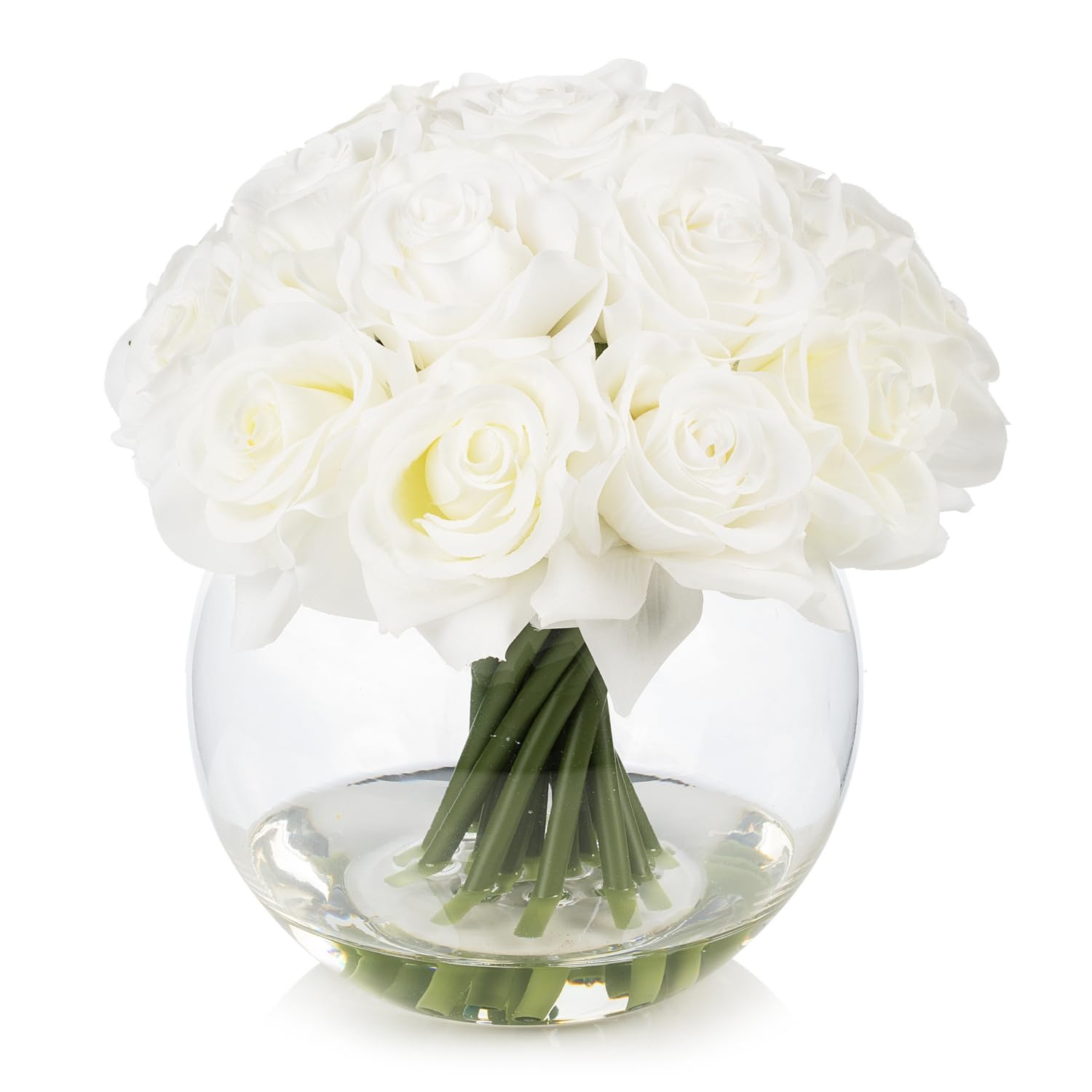 16 Heads Silk Rose Artificial Flowers In Vase,Faux Rose Flowers Arrangement In Round Bowl Vase With Faux Water For Table Decor Centerpieces (White)
