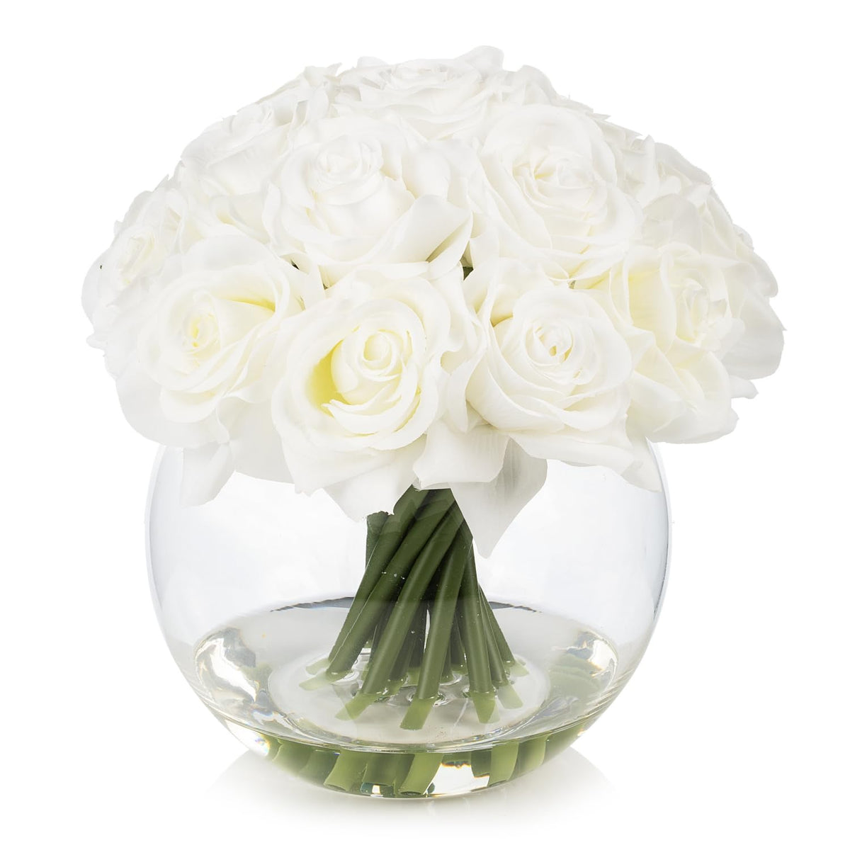 16 Heads Silk Rose Artificial Flowers In Vase,Faux Rose Flowers Arrangement In Round Bowl Vase With Faux Water For Table Decor Centerpieces (White)