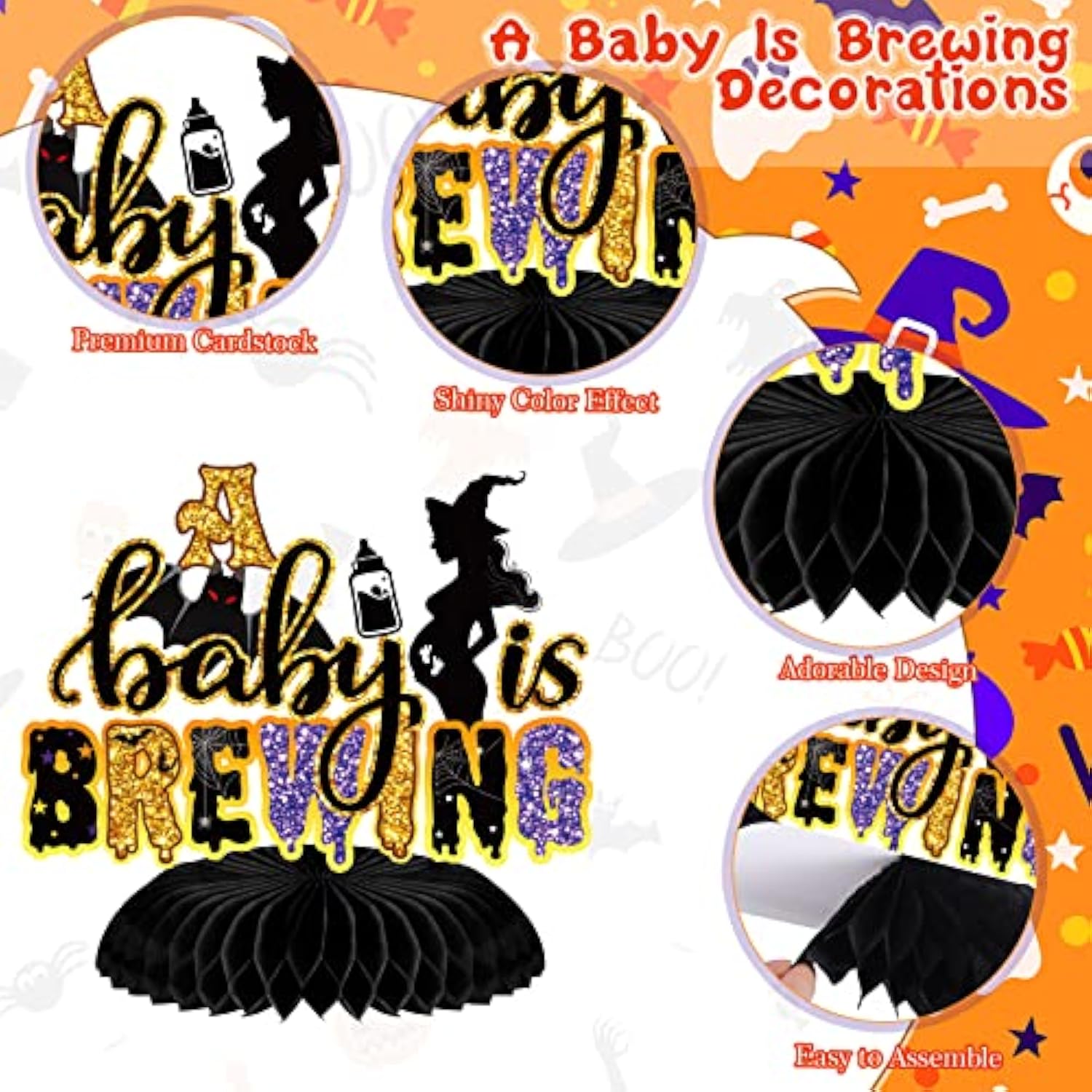 12 Pieces Halloween Baby Shower Decorations A Baby Is Brewing Honeycomb Table Centerpieces For Halloween Gender Reveal Party Favor Supplies(Purple,Fashion)