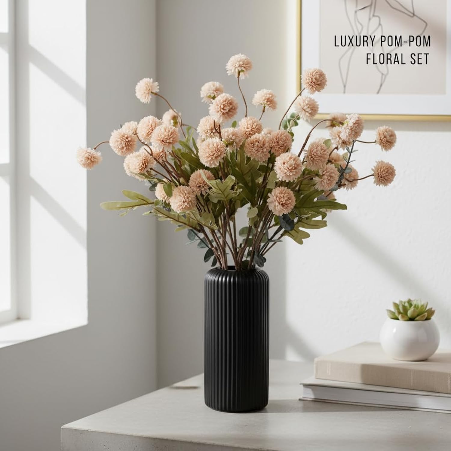 10Pcs Faux Flowers With Black Vase, Artificial Pom Flowers With 4 Eucalyptus Stems, Long Stem Fake Flowers In Vase, Faux Floral Arrangement For Home Decor, Centerpiece Table Decorations