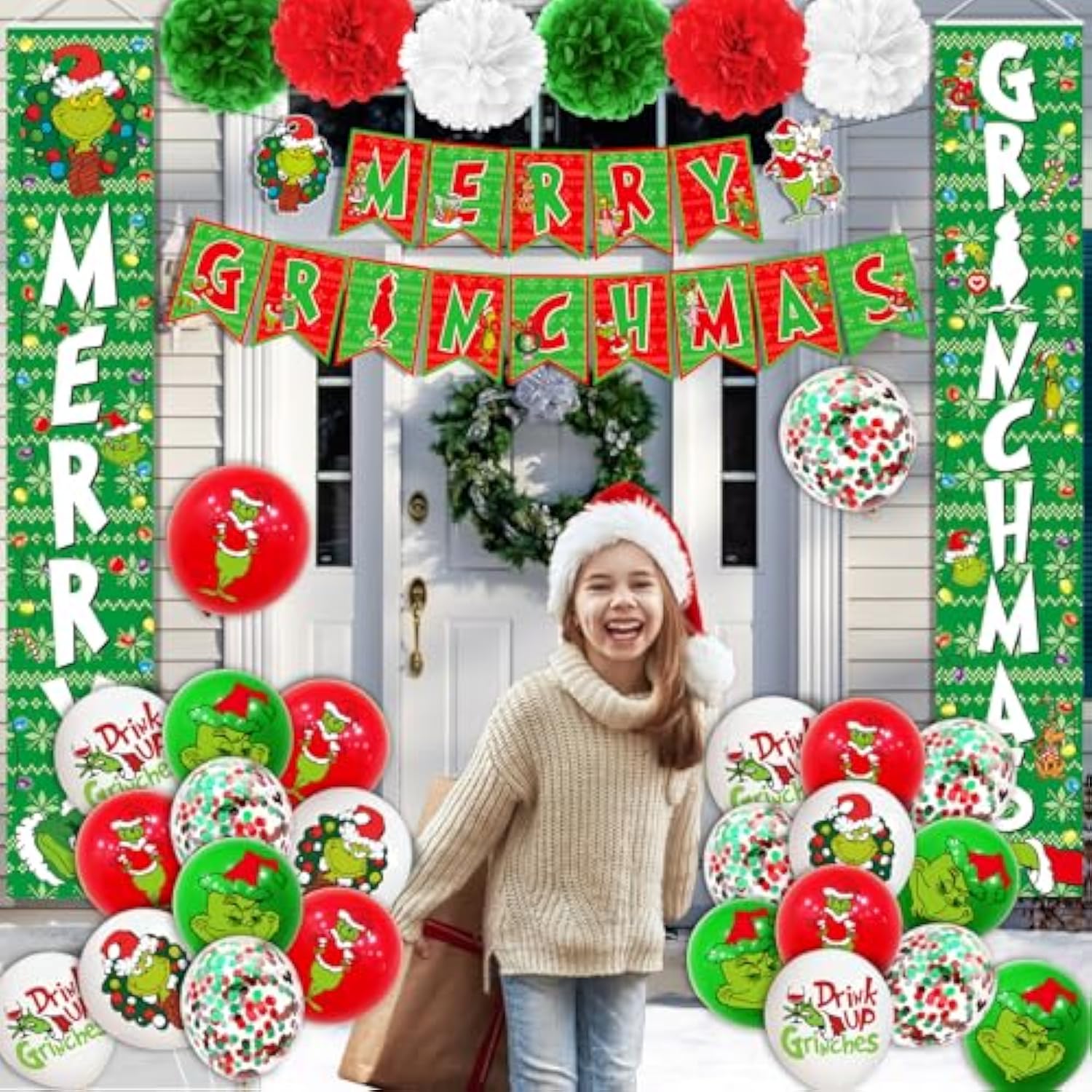 61Pcs Merry Christmas Decorations - Green Monster Door Banner & Porch Sign Hanging Banner For Outdoor Christmas Party Supplies