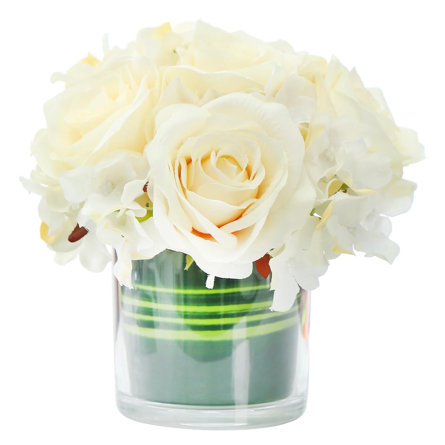 Artificial Rose And Hydrangea Silk Flower Centerpieces Faux Floral Arrangement In Glass Vase For Home Wedding Table Decoration (Champagne)