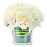 Artificial Rose And Hydrangea Silk Flower Centerpieces Faux Floral Arrangement In Glass Vase For Home Wedding Table Decoration (Champagne)