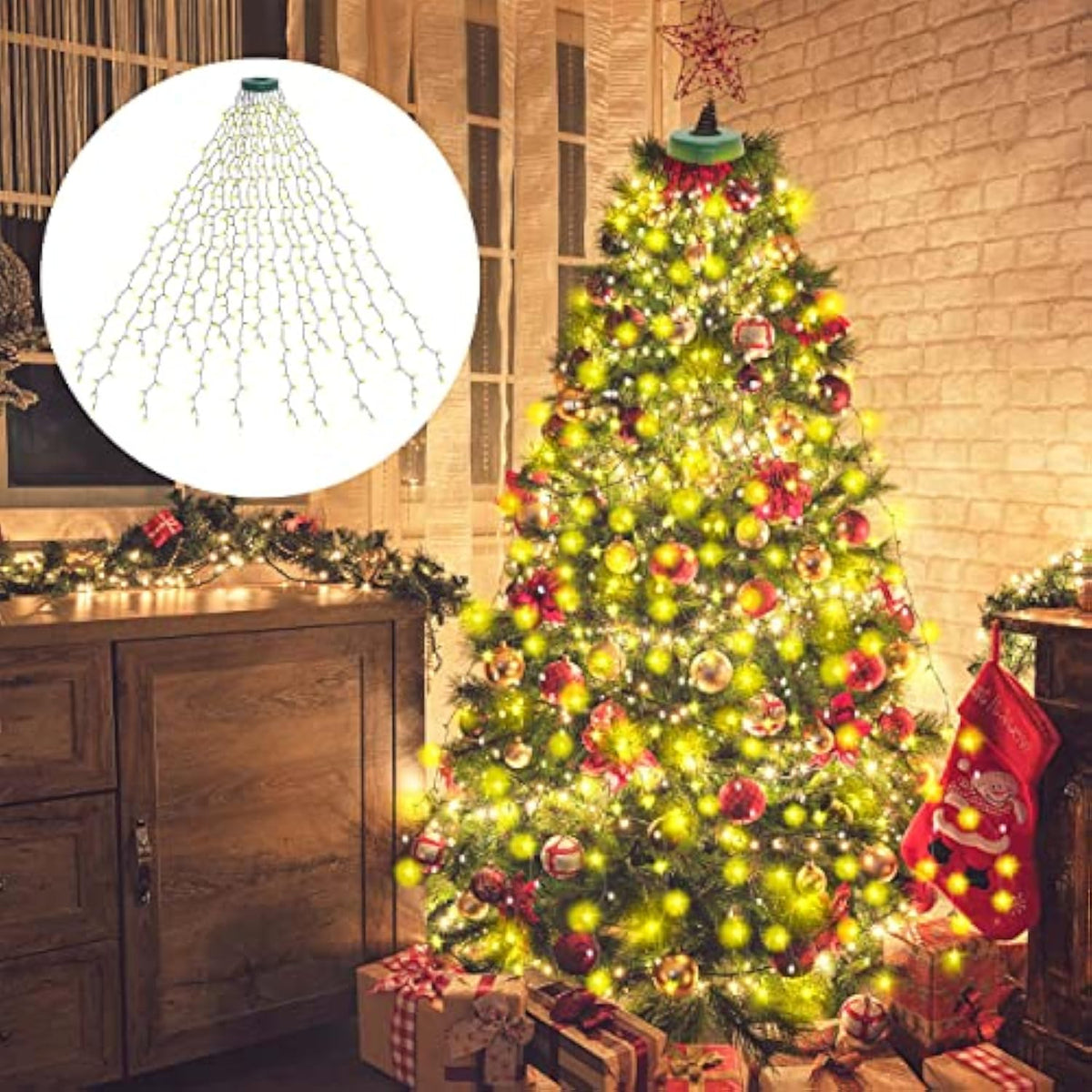 Christmas Tree Lights With Ring 16 Strings 400 Leds, Xmas String Lights With Timer 6.6Ft Easy To Install, Christmas Lights Fairy Tree Light 8 Mode For Xmas Fir Pine Party Decoration Warm White