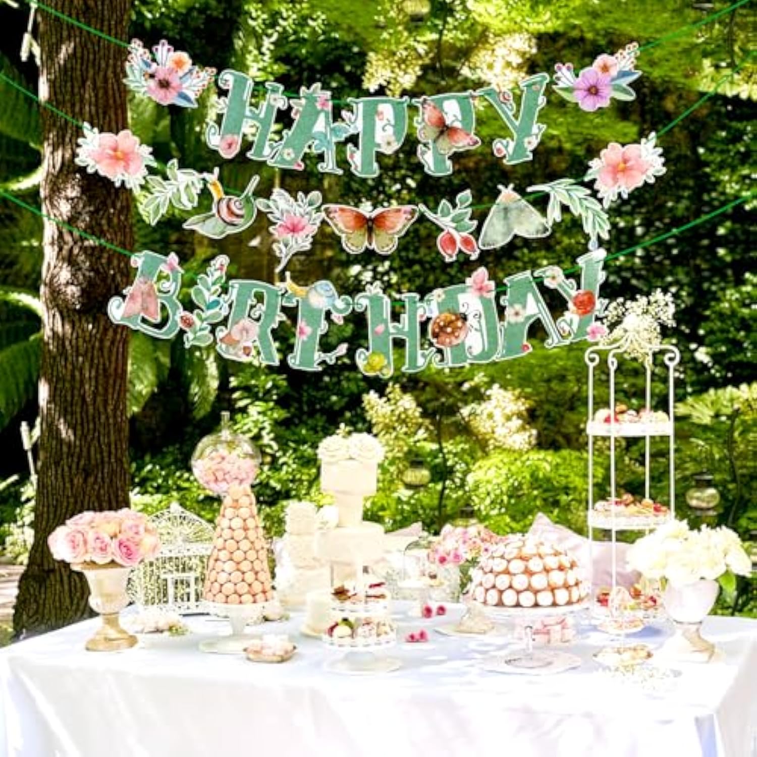 Sage Green Spring Wildflower Happy Birthday Banner with Butterflies - Pre-Strung Decor