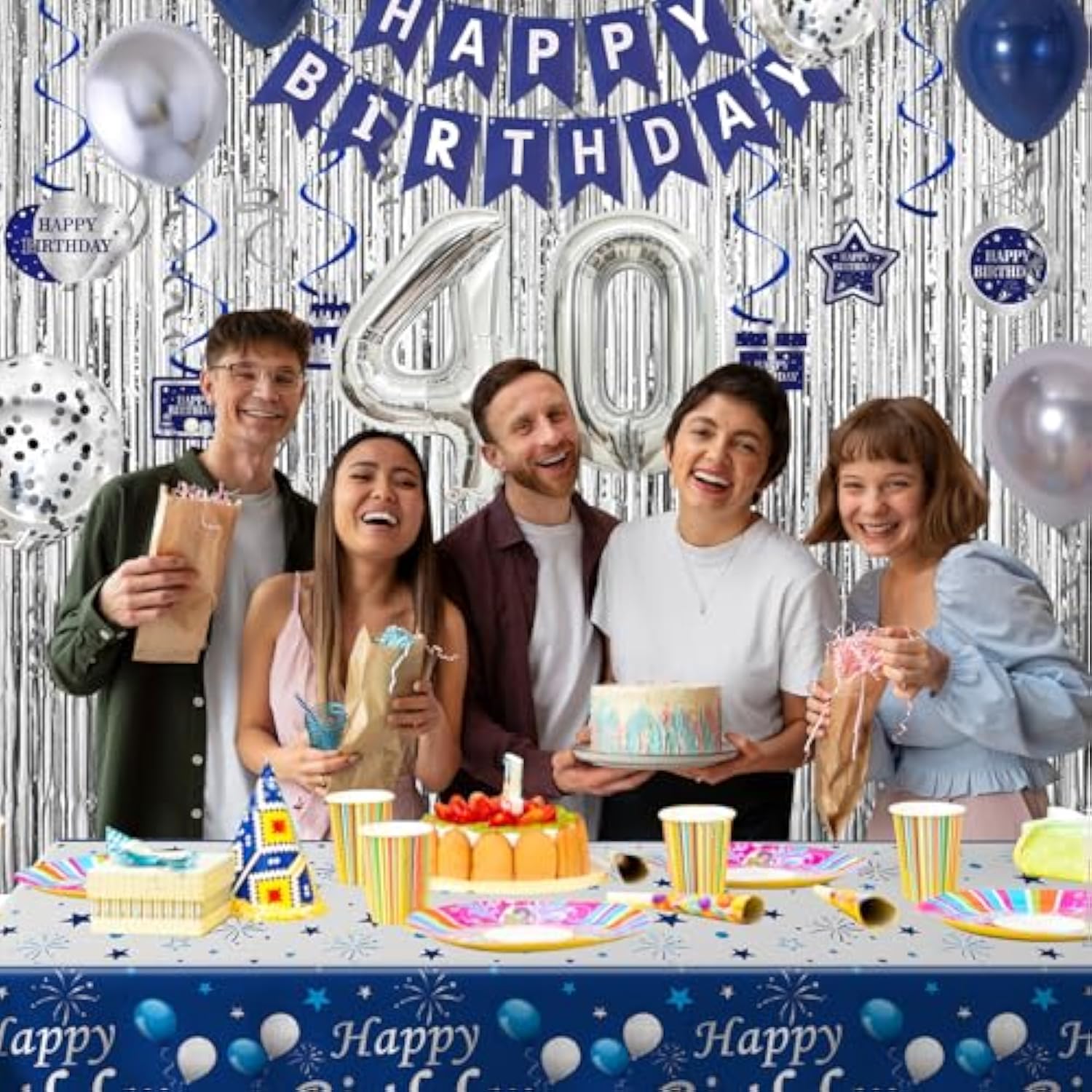 40Th Birthday Decorations For Men, Blue And Silver 40Th Birthday Party Decorations For Him, Happy Birthday Banner 40Th Birthday Balloons Tablecloth Fringe Curtains Hanging Swirls Bday Party Supplies