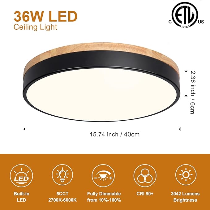 15.8 Inch Modern Wood LED Ceiling Light Black 5CCT Dimmable Flush Mount Fixture