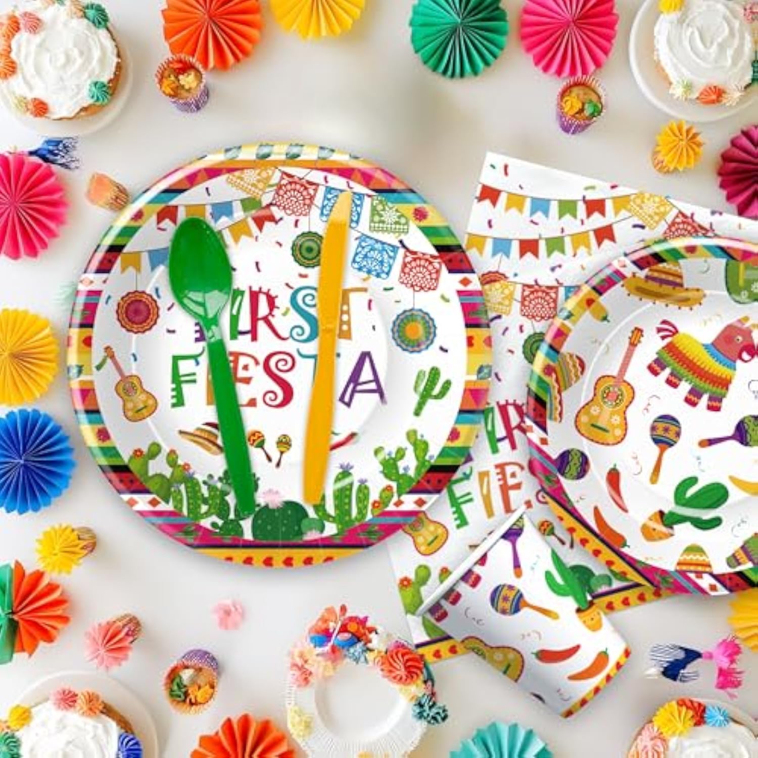 Fiesta 1St Birthday Party Supplies - First Fiesta Birthday Decorations Tableware, Paper Plate, Cup, Napkin, Cutlery, Cactus Mexican Cinco De Mayo Taco One Year Old Decorations | Serves 24