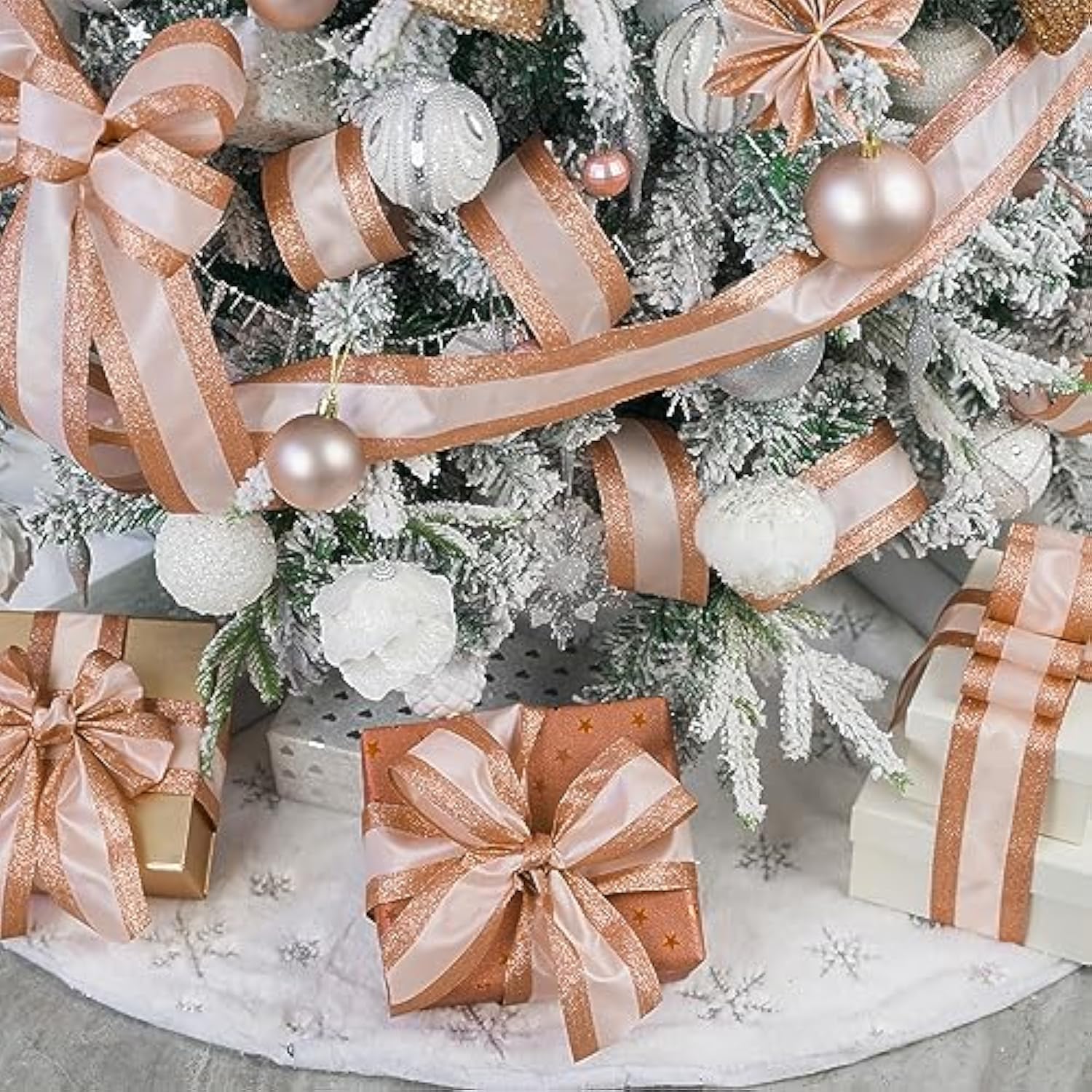 Rose Gold Wired Satin Ribbon With Glitter Stripe Edges 2.5 Inch, Rose Gold Christmas Ribbon For Tree, Bows Making, Wreath Supplies, Gift Wrapping Garland, Home Decor, Crafts -10 Yards