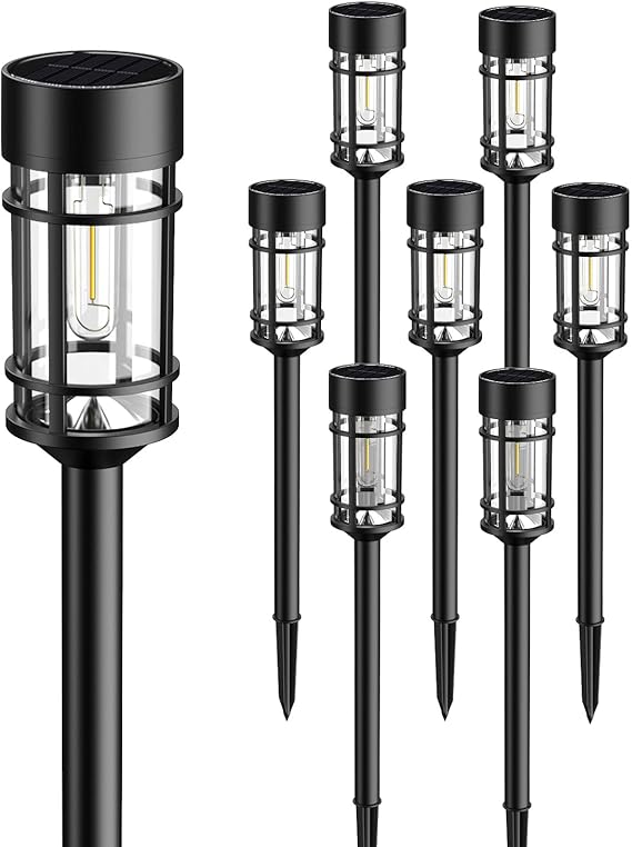 8 Pack 21 Inch Solar Pathway Lights Metal Glass Waterproof Auto On Off Garden Lights